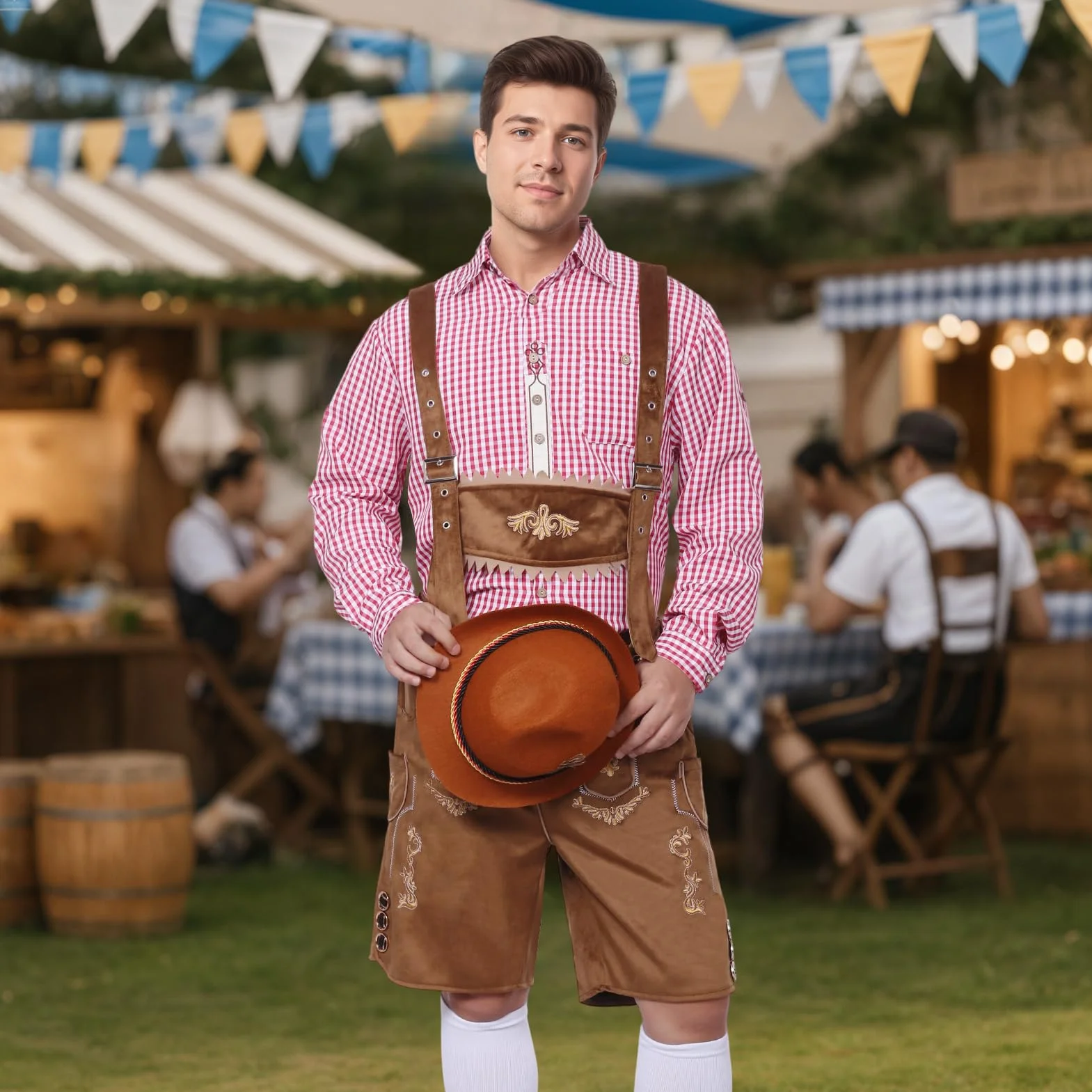 Strój męski na Oktoberfest, bawarski tradycyjny strój męski na Oktoberfest z tradycyjnymi skórzanymi spodniami, kapeluszem i skarpetkami na karnawałową imprezę cosplay (Brązowy, L)