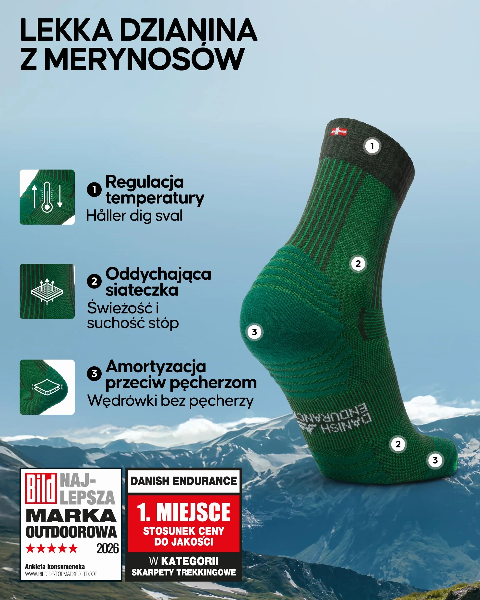 DANISH ENDURANCE Skarpety Trekkingowe, Lekkie Skarpety z Wełny Merino z Amortyzacją Przeciw Pęcherzom, dla Mężczyzn i Kobiet, Unisex