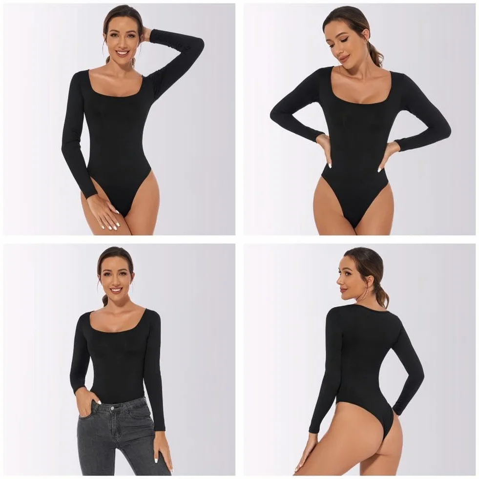 Body damskie z długim rękawem bodysuit z kwadratowym dekoltem seksowne body damskie z długim rękawem eleganckie eleganckie topy miękkie jednolity kolor casualowa rozciągliwa koszulka
