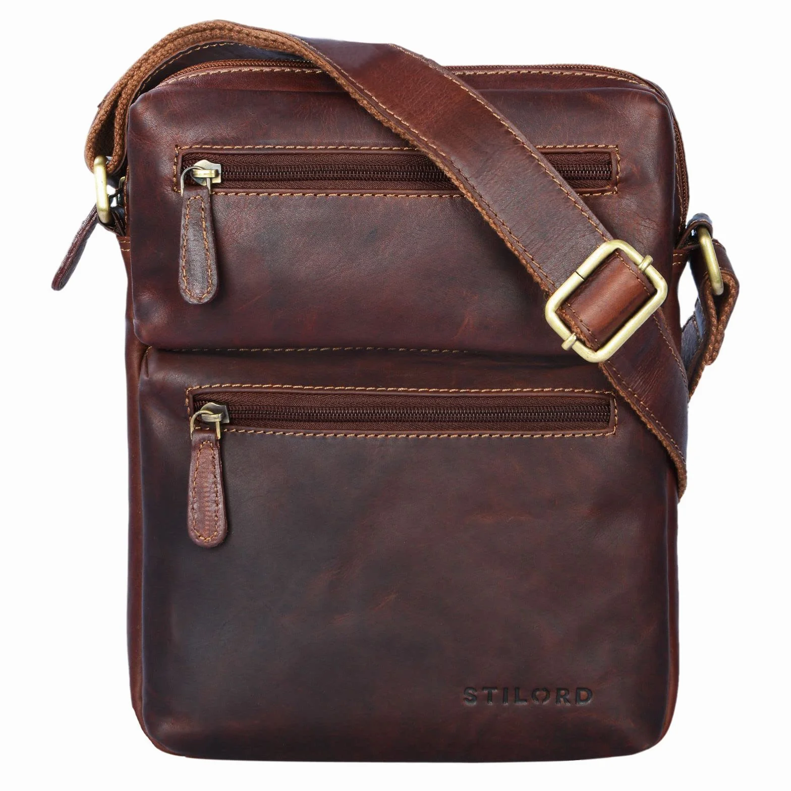 STILORD 'Moritz' Ma³a skórzana torba na ramiê torba br±zowa Vintage Messenger Bag dla mê¿czyzn z wieloma przegródkami na 10,1 cala Tablet iPad wykonany z prawdziwej skóry bawolej, Kolor:koniakowy - ciemnobr±zowy