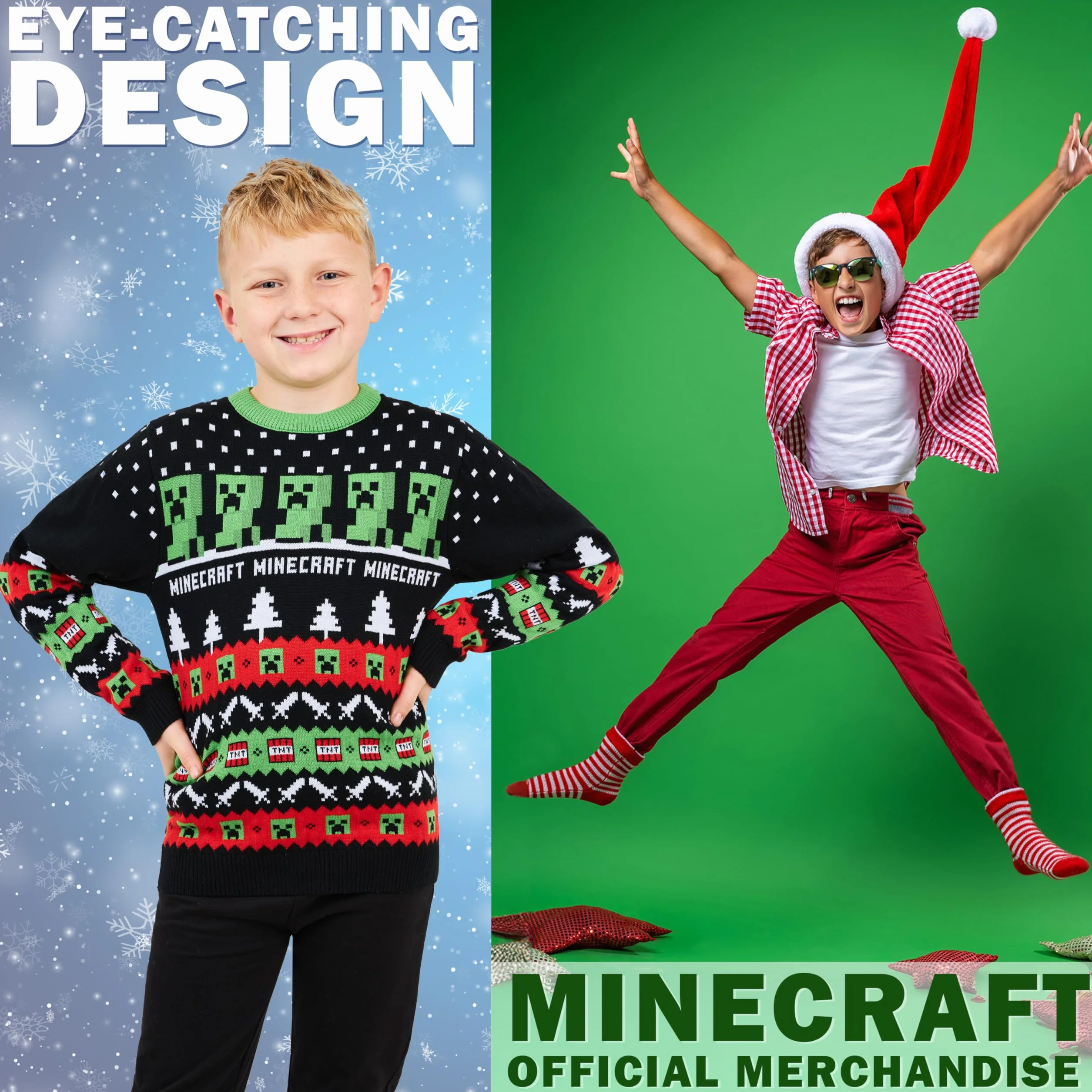 Minecraft Chłopięcy świąteczny sweter, okrągły dekolt, długie rękawy, sweter dla chłopców i nastolatków