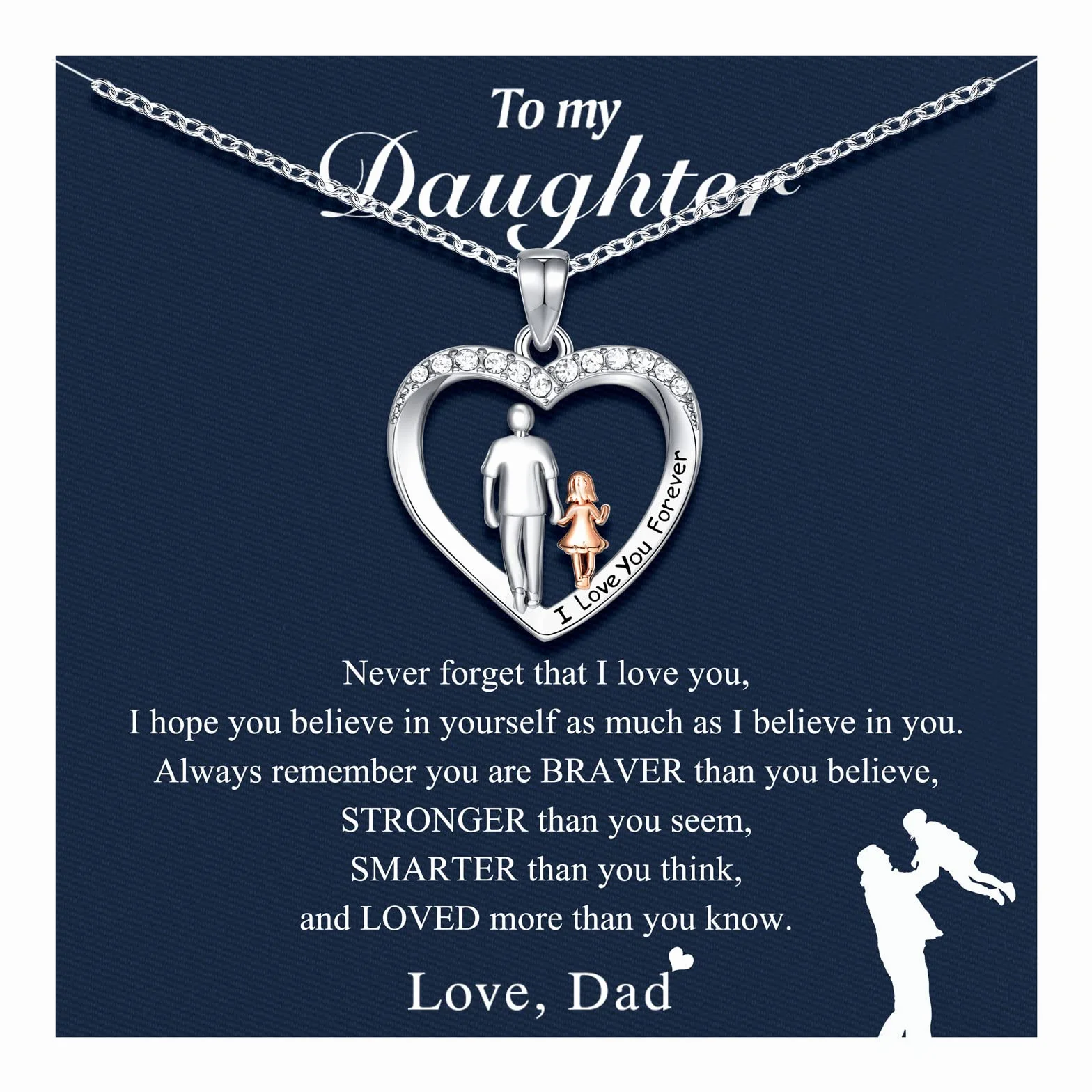 UNGENT THEM Daughter Love You Forever Naszyjnik z wisiorkiem w kształcie serca od taty, urodziny, Boże Narodzenie, walentynki, prezenty dla nastolatek, kobiet, Szkło Stal nierdzewna, Cyrkonia
