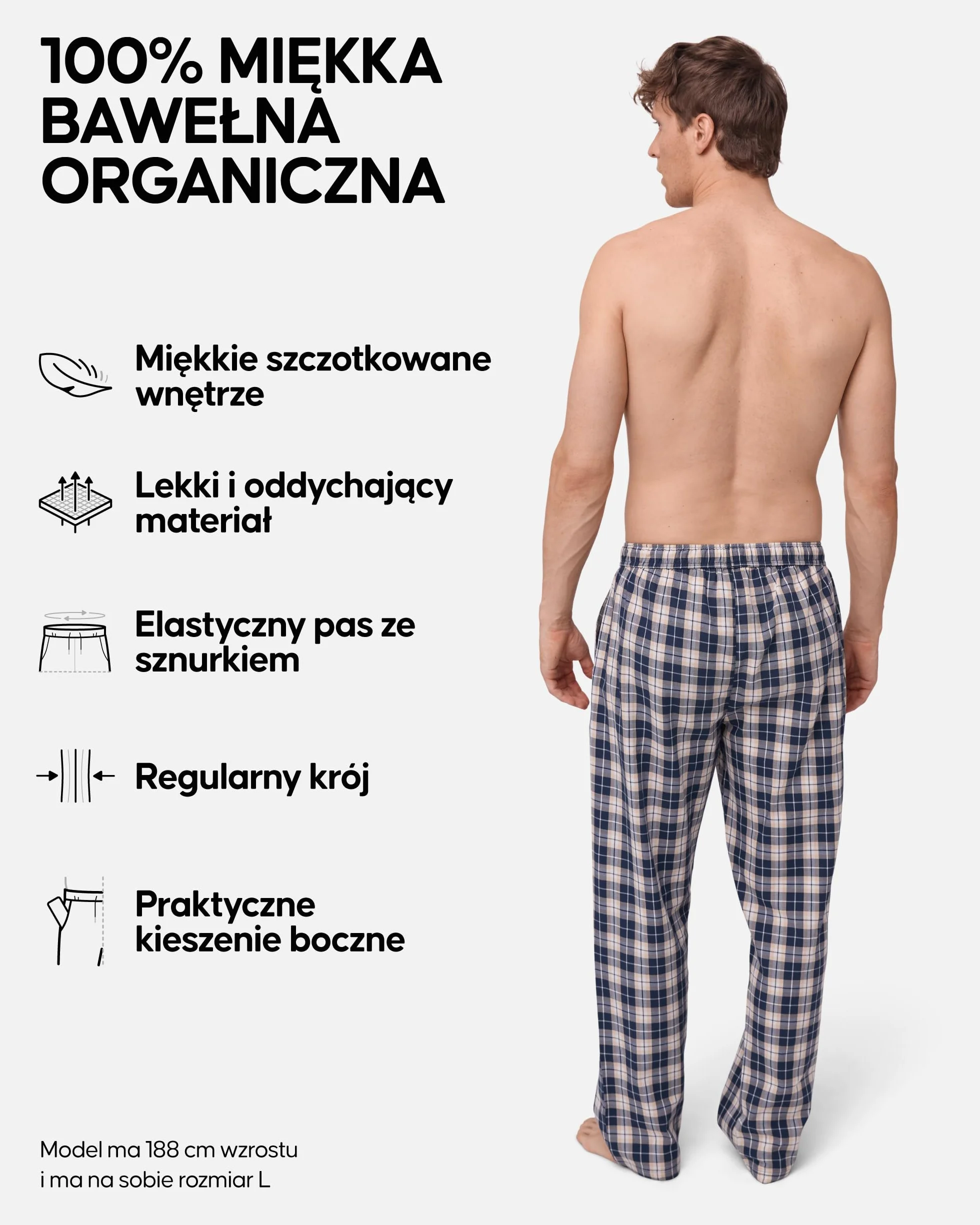 DANISH ENDURANCE Spodnie od Piżamy Męskie, 100% Bawełna Organiczna, Regulowany Sznurek, Luźny Krój