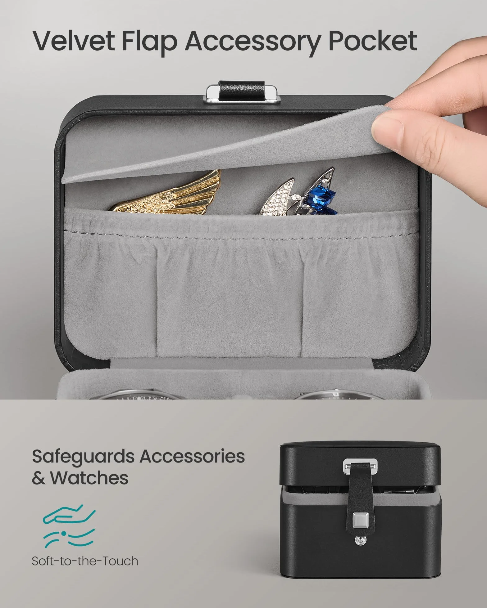 SONGMICS JWB029GD01 pudełko na zegarki do podróży z 2 przegródkami, etui na 2 zegarki, poduszka z ukrytym przechowywaniem, regulowana przegródka, kieszeń z klapką, 10,1 x 12 x 8,5 cm, pomysł na