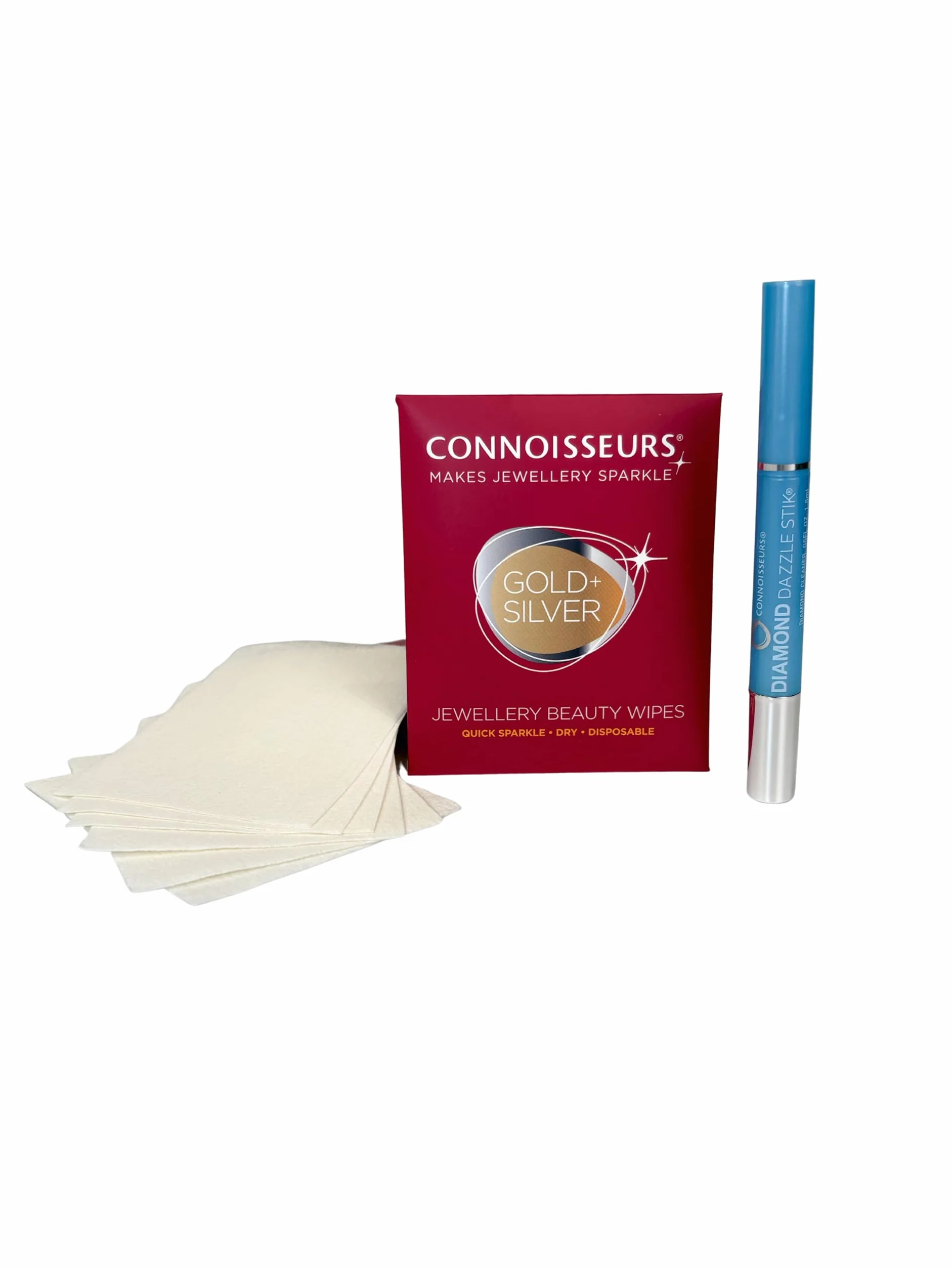 Connoisseurs Zestaw do czyszczenia biżuterii, diamentowy sztyft i 6 ściereczek do czyszczenia, do czyszczenia biżuterii, złota, diamentowa, platynowa i srebrna, czyszczenie pierścionków