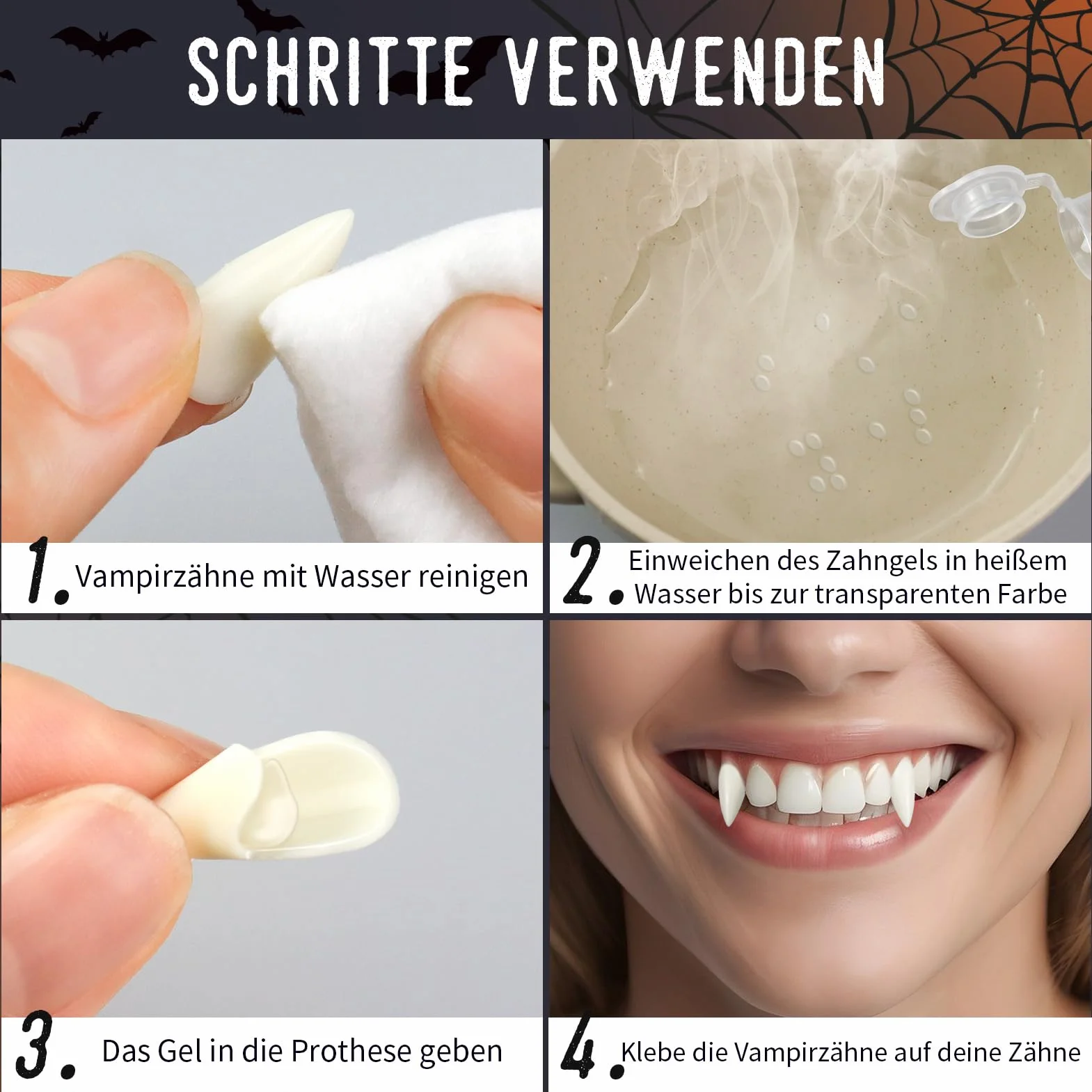 12 par zębów wampirów na Halloween, 4 rozmiary, wampiry, cosplay, pellet, klej do cosplay, rekwizyty, Halloween, demony, czarownica
