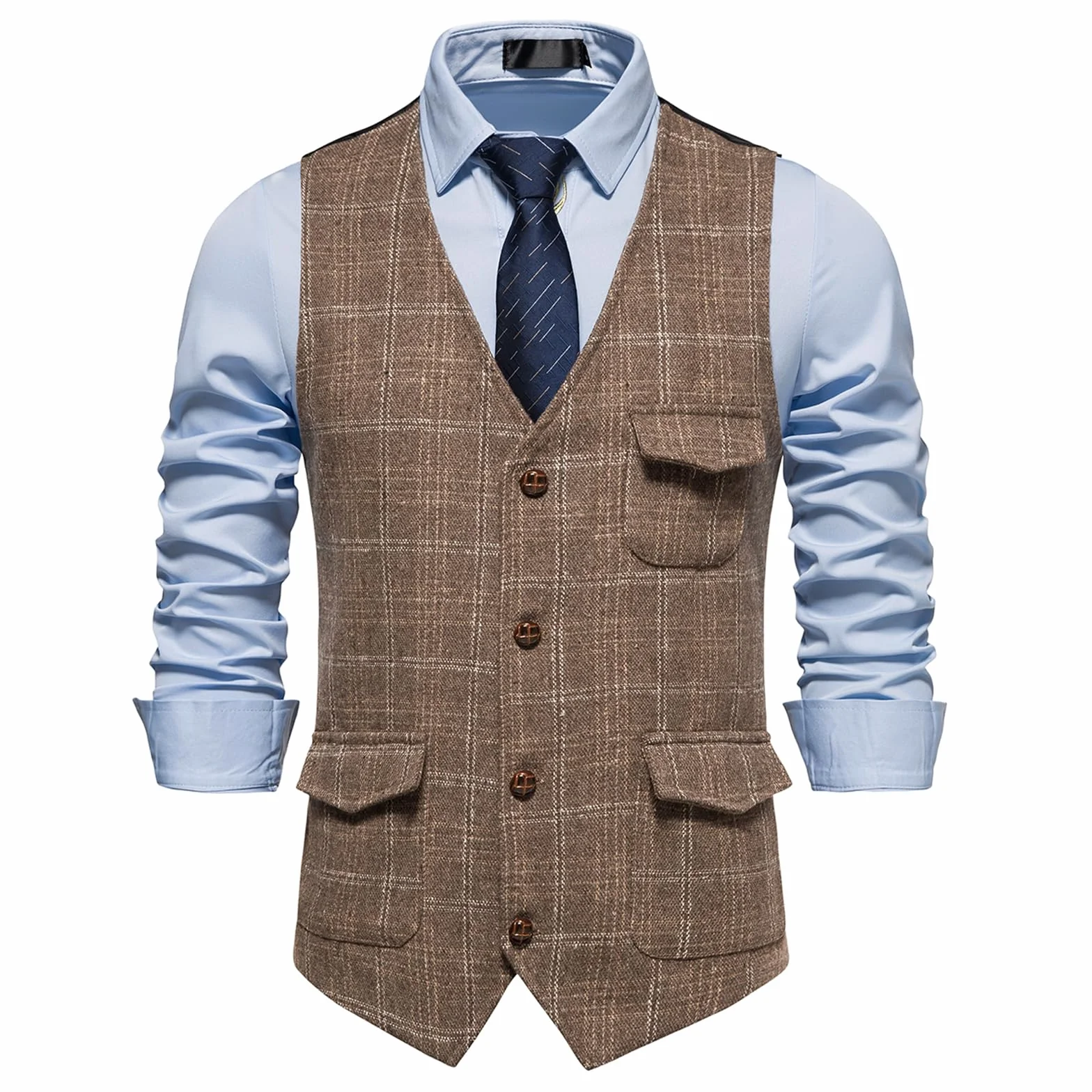 MakingDa Męska kamizelka w kratkę, formalna kamizelka bez rękawów, dekolt w serek, w kratę, tweed, biznesowa, casualowa, garnitur, kamizelka z kieszenią