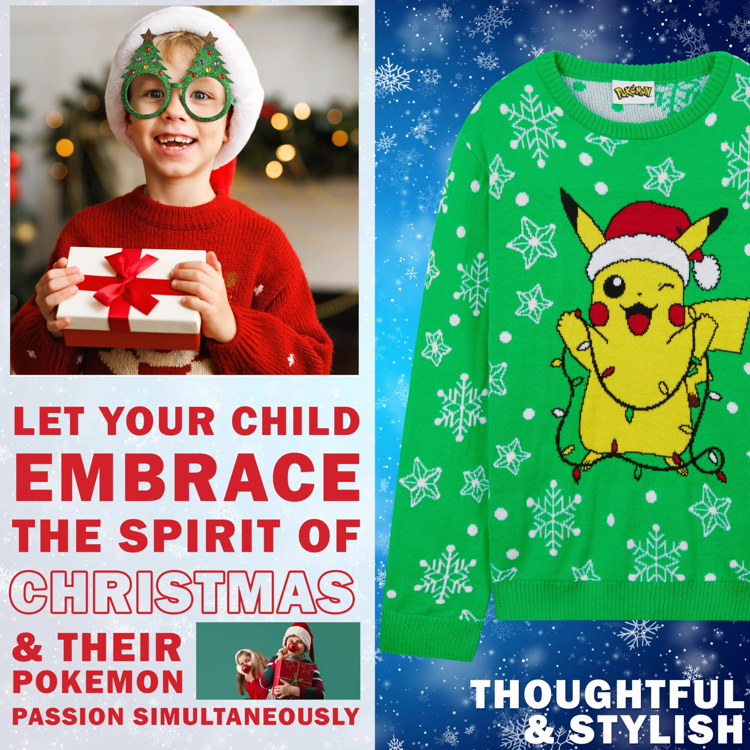 Pokemon Christmas Jumper Kids Teenagers - Swiąteczny Sweter Swiąteczny - Oficjalny Towar 4-14 Lat - Prezenty dla Chłopców