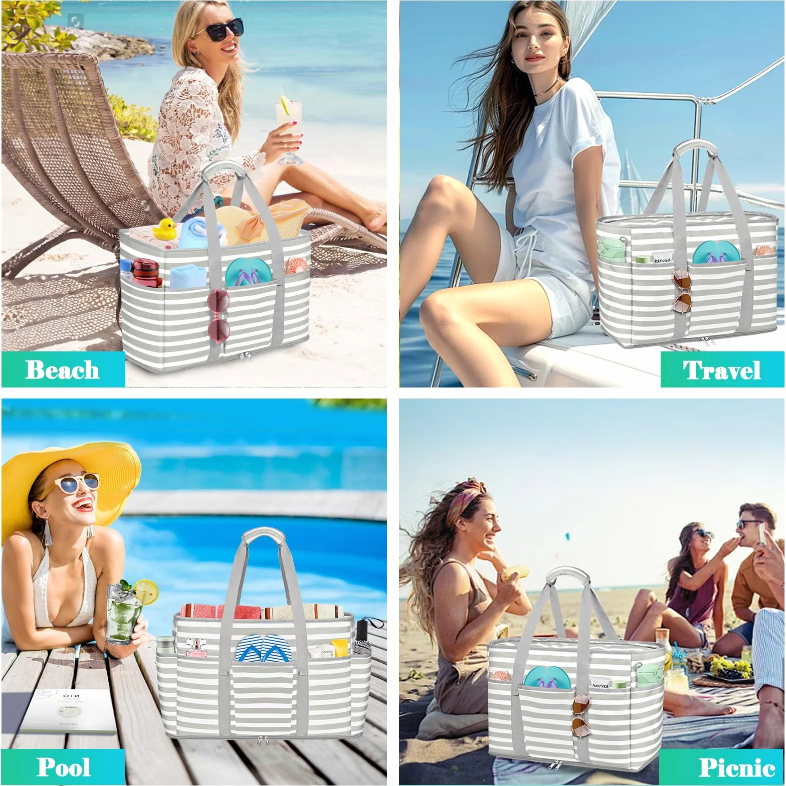 Duża torba plażowa z zamkiem błyskawicznym, wodoszczelna torba plażowa, XXL, rodzinna torba plażowa damska, duża torba podróżna na plażę, basen, do studia fitness, w podróży, 45 l