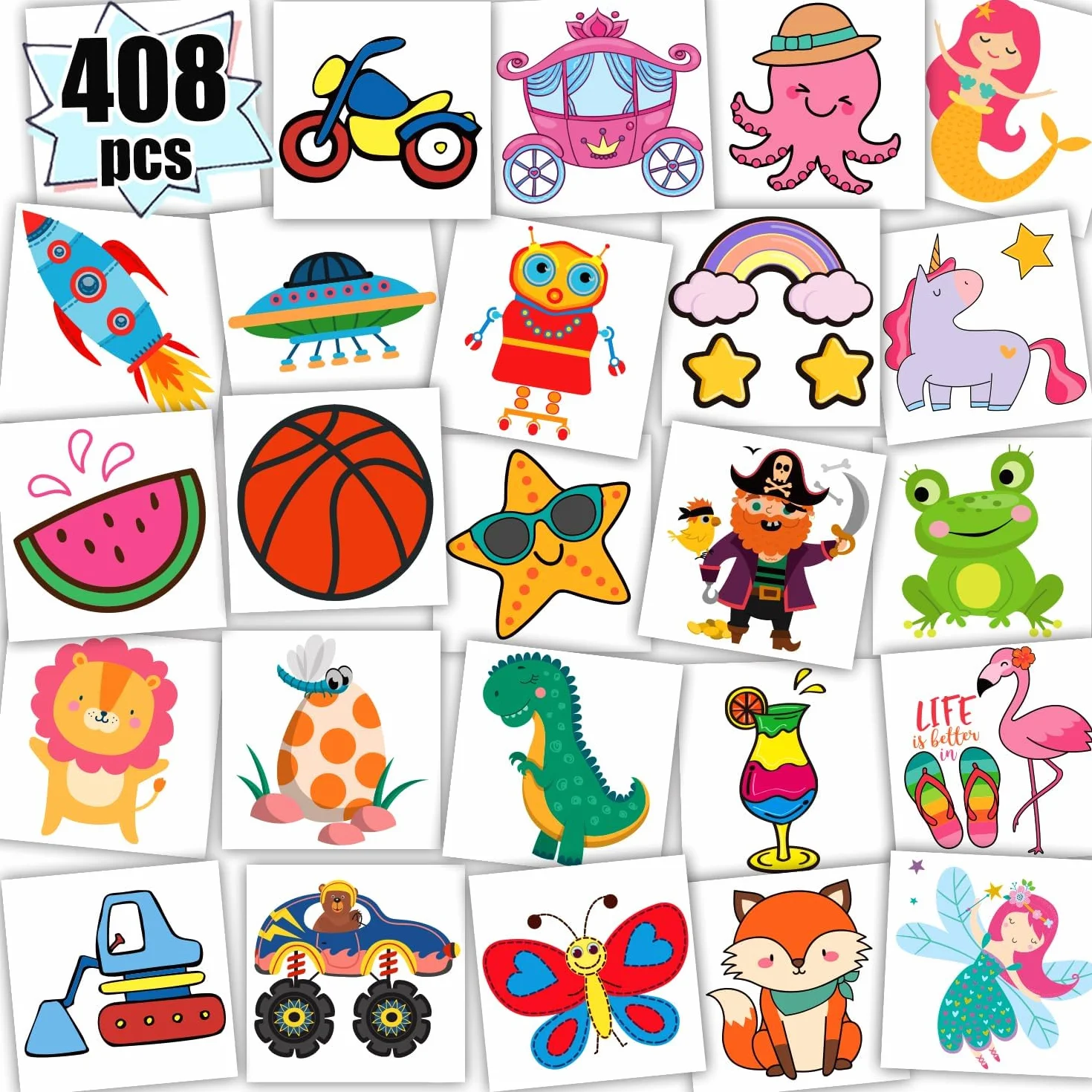 Leesgel 408 arkuszy pojedynczych tymczasowych tatuaży dla dzieci, naklejki nagrodowe dla dzieci, mieszane sztuczne tatuaże, dinozaur, syrenka, pirat, dla chłopców i dziewcząt, wypełniacze toreb