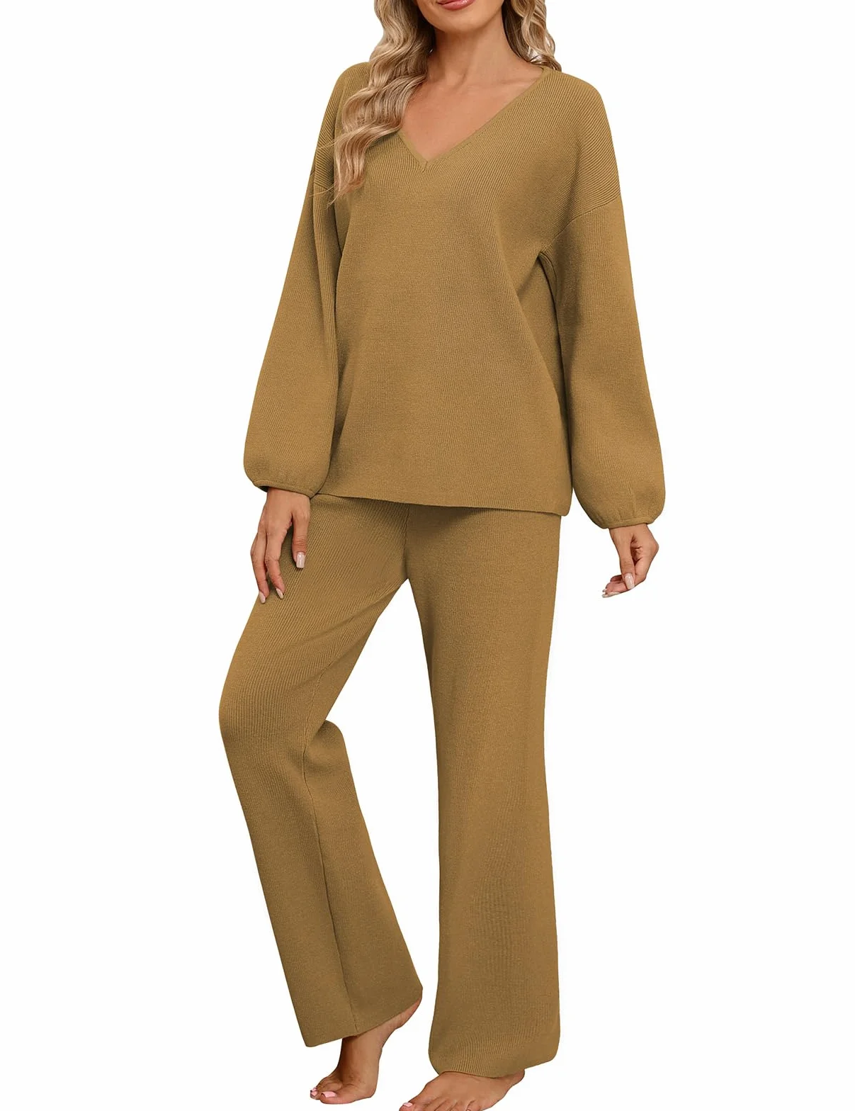 Dwuczęściowy damski elegancki strój domowy, przytulny, z długim rękawem, luźny dres treningowy, zestaw wypoczynkowy, prążkowany, dekolt w serek, 2-częściowy strój rekreacyjny z swetrem z