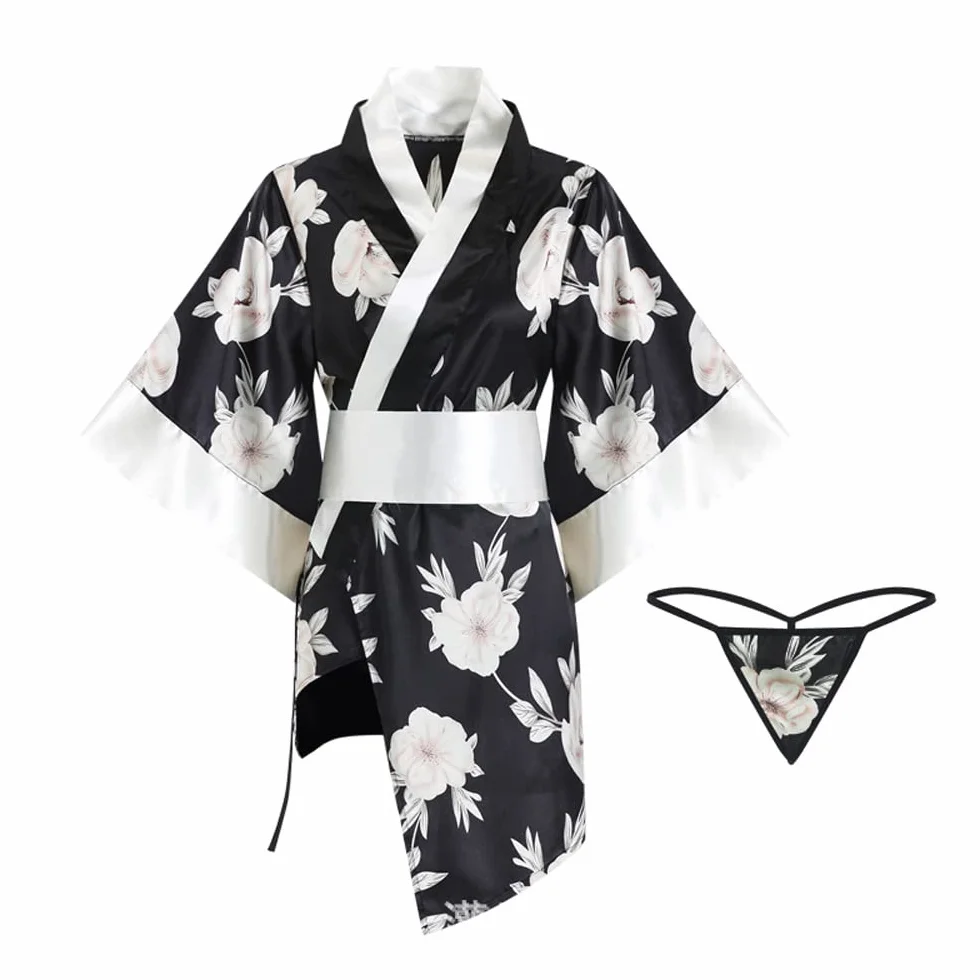 SINROYEE Damski szlafrok kimono seksowna bielizna zestaw azjatycki styl odzież domowa piżama satynowa koszula nocna szlafrok anime cosplay, Czarny, rozmiar uniwersalny