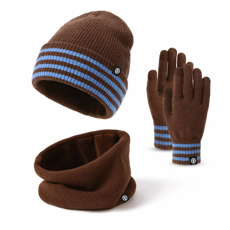 Baynetin Zestaw zimowy 3 w 1 beanie, czapka, szalik, termiczna czapka z dzianiny z krawędzią kopertową + szal polarowy i rękawiczki do obsługi ekranów dotykowych, rozciągliwy, wiatroszczelny zestaw na