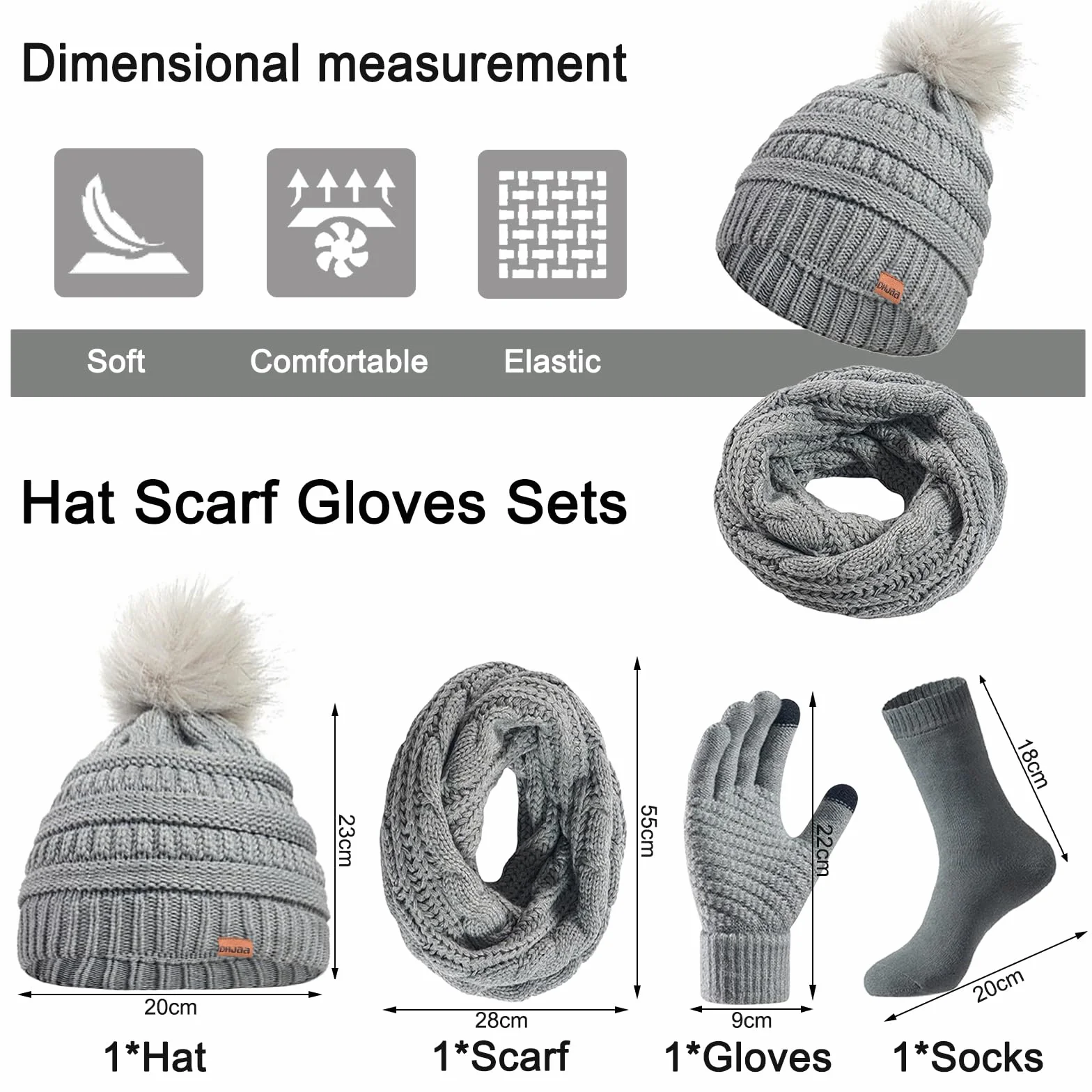 Baynetin 4-pak damski zimowy kapelusz szalik rękawiczki zestaw skarpet, zimowa czapka beanie ciepłe termiczne czapki z pomponem rękawiczki do ekranu dotykowego damski szalik ocieplacz na szyję 4 w 1