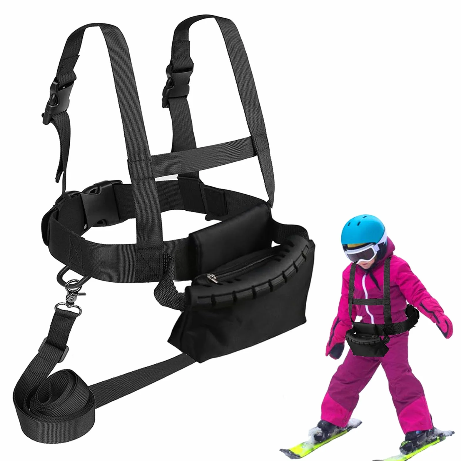 Pasek narciarski i snowboardowy dla dzieci, pasek narciarski ze zdejmowanym paskiem i torbą, dziecięcy pasek na ramię do jazdy na nartach, pas treningowy do jazdy na łyżwach, kontrola