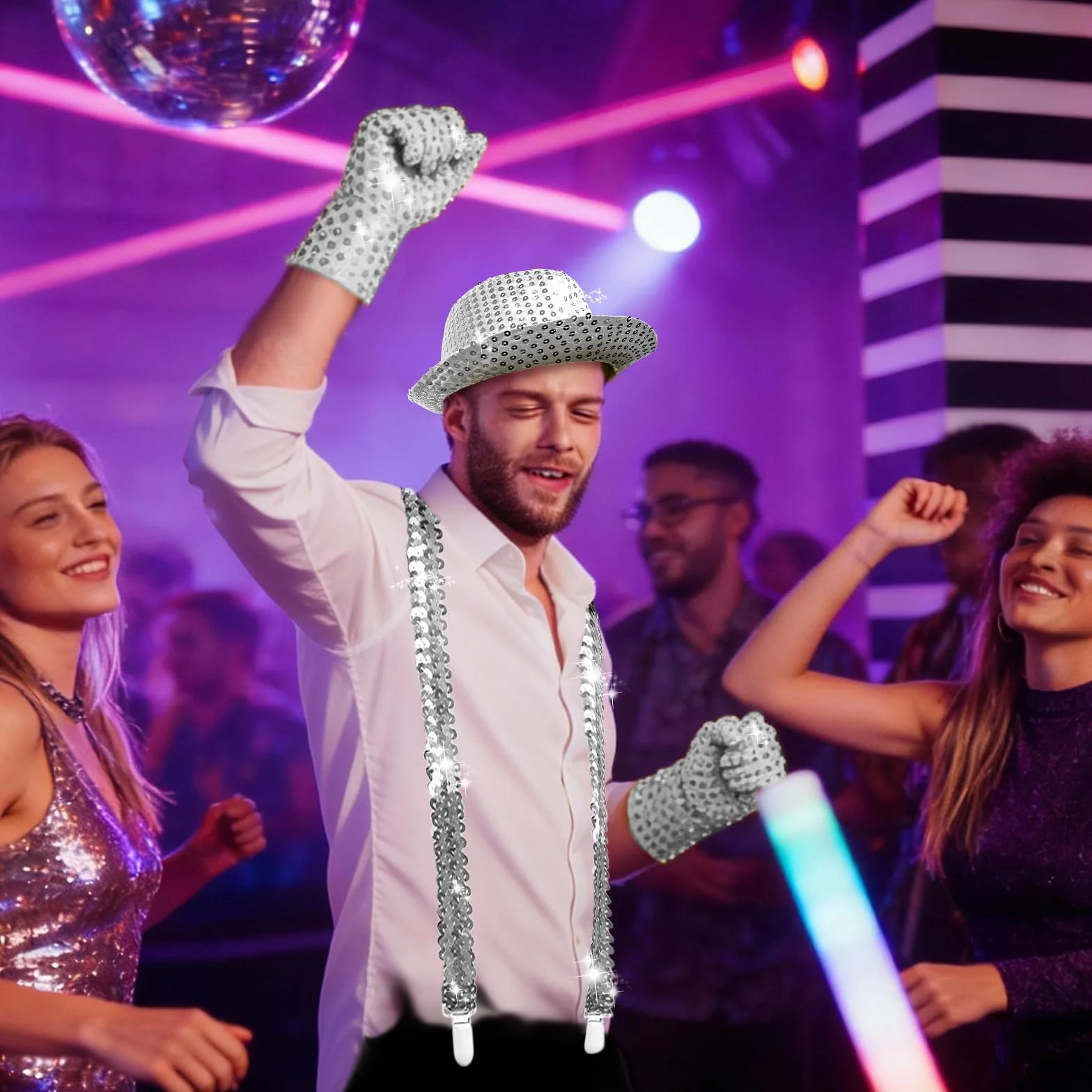 Zestaw brokatowych akcesoriów do dyskoteki, 5 sztuk, w tym kapelusz z cekinami, szelki, muszka, krawat, rękawiczki, cekinowe akcesoria na imprezę lub karnawał (srebrny)