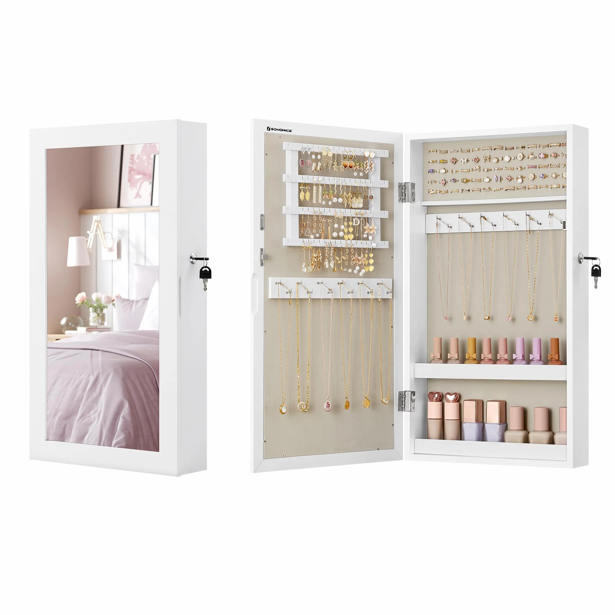 SONGMICS JJC051W02 Szafka na biżuterię, montowana na ścianie, z lustrem i miejscem do przechowywania, zamykana, organizer, oszczędność miejsca, biała powierzchnia, szara wyściółka