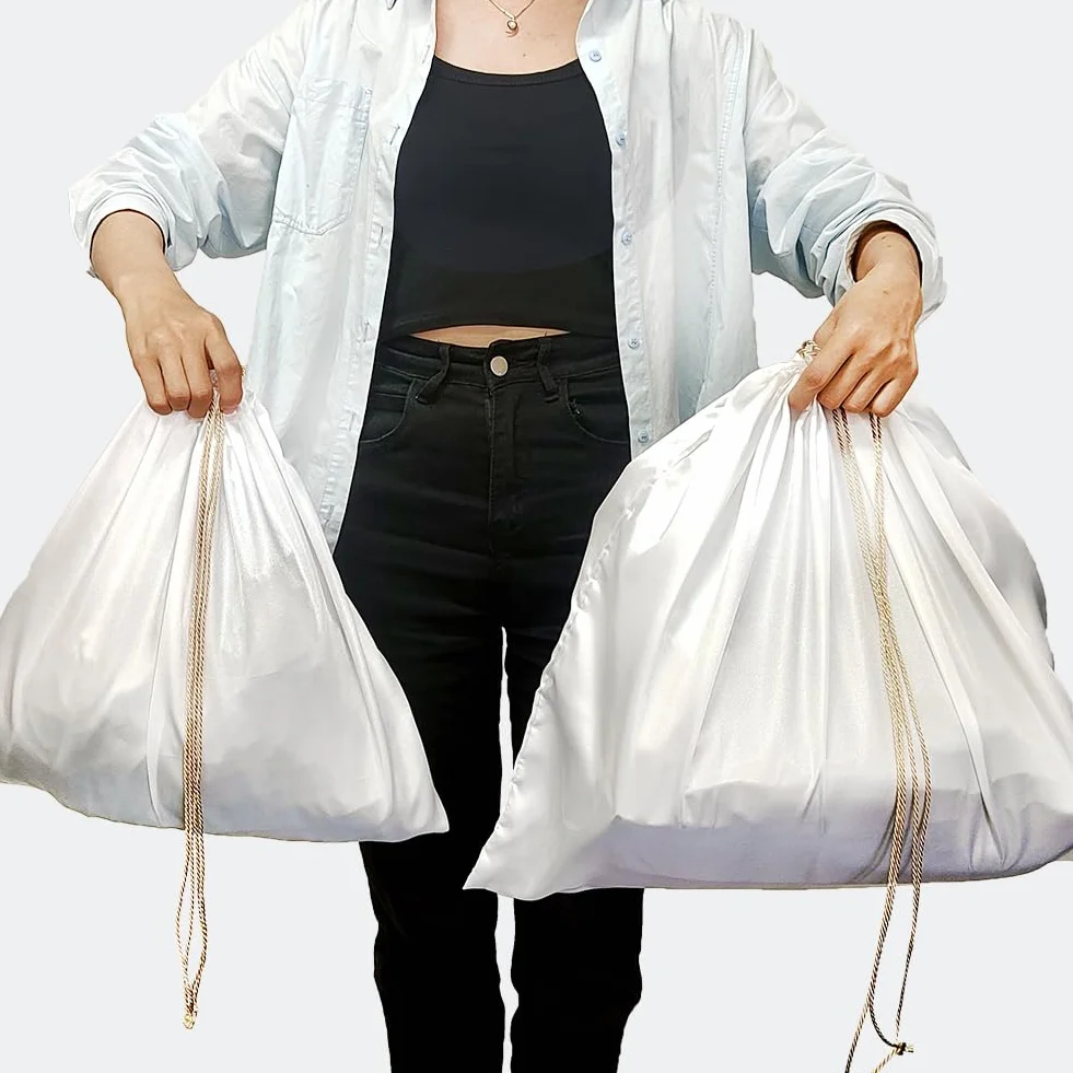 Worki na kurz do torebek, 2 torby, duże jedwabne, pyłoszczelne, ze sznurkiem, miękkie etui na kurz, do torebek, butów, butów, przechowywania w podróży, białe, 50 x 40 cm