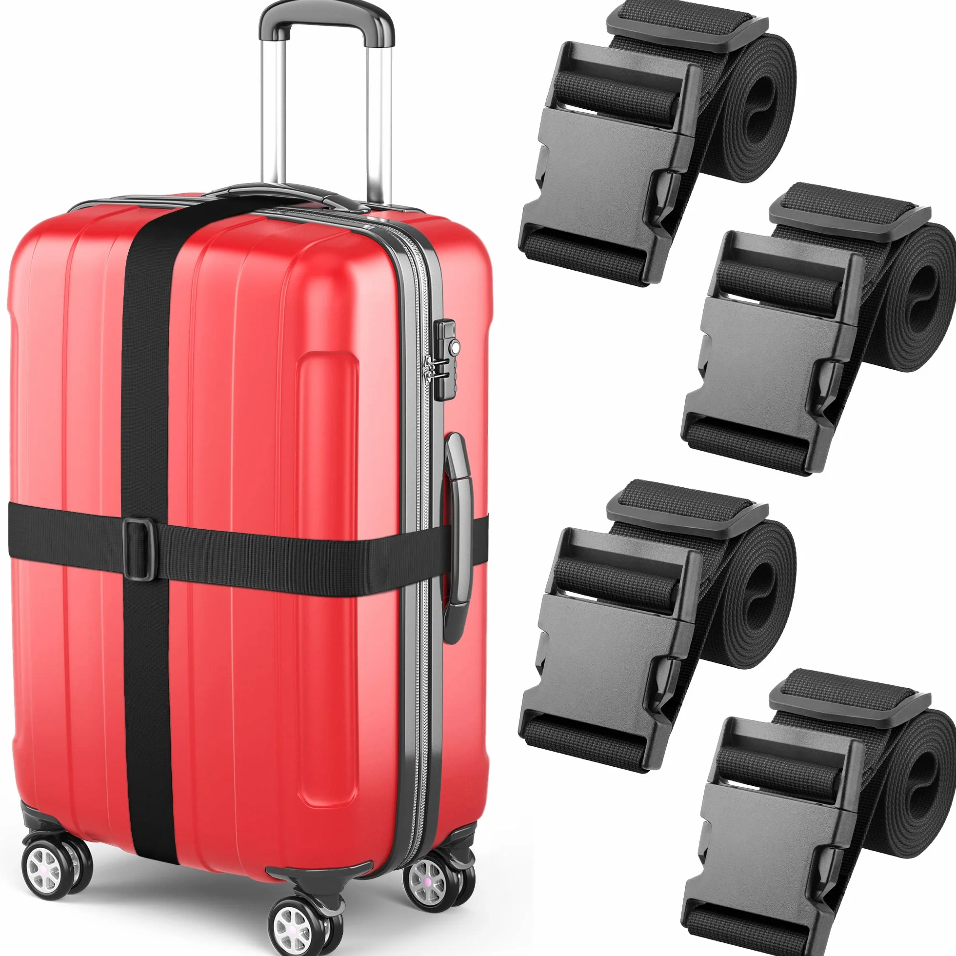 Luggage Straps - Black, 2m Long, 5cm Wide, 4 Pack - Adjustable Nylon Belt for Travel Suitcases & Bags - by Mifflin