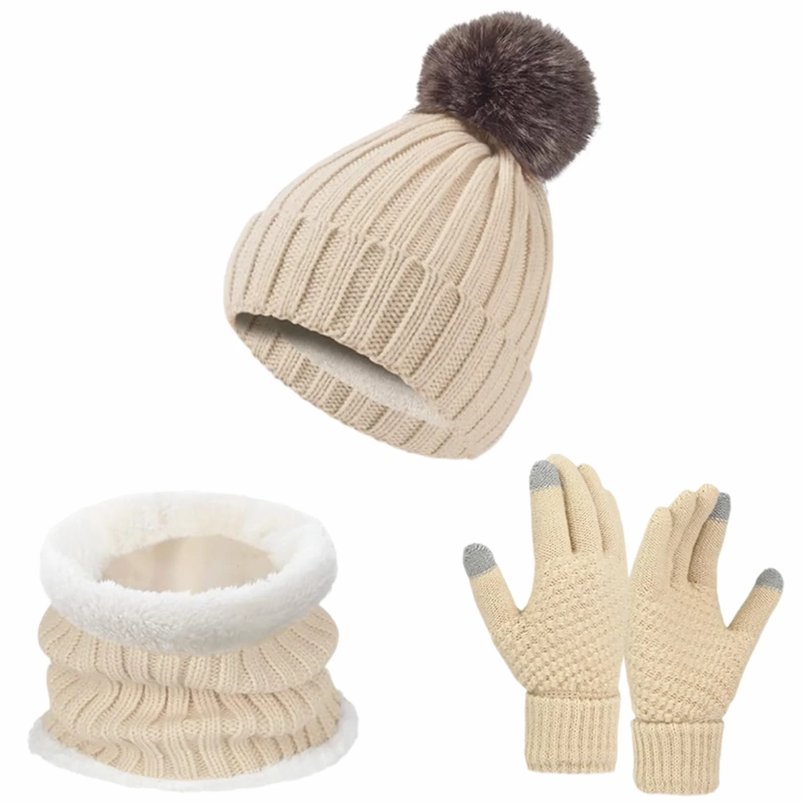Embhlitfe Zestaw damskich czapek zimowych rękawiczki termiczne szalik czapki beanie dla kobiet z podszewką z pomponem ciepłe 3 szt. zimowy zestaw na zimną pogodę dla kobiet codzienne narty sporty na