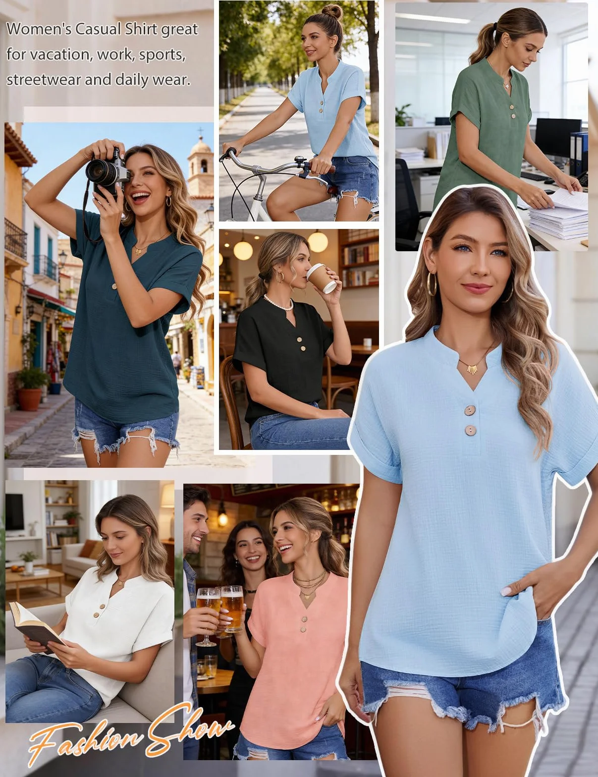 HEEKPEK Bluzka damska letnia muślinowa bluzka bawełniana z krótkim rękawem, elegancka bluzka koszulowa z dekoltem w serek, na guziki, koszulka basic, koszula, luźna tunika, top