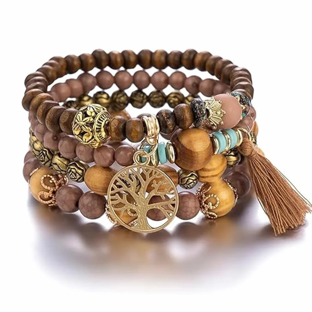 Bransoletka boho z drewnianymi koralikami, bransoletka czakra dla kobiet, naturalne kryształowe kamienie lecznicze, bransoletka dla kobiet, drzewo życia, charms