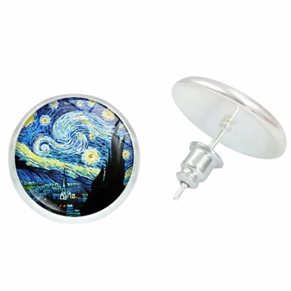 Van Gogh (Gwiaździsta noc) Kolczyki kolekcja artystów Znane kolczyki ręcznie robione prezenty Okrągłe kolczyki, M, Stal nierdzewna, Bez kamieni szlachetnych