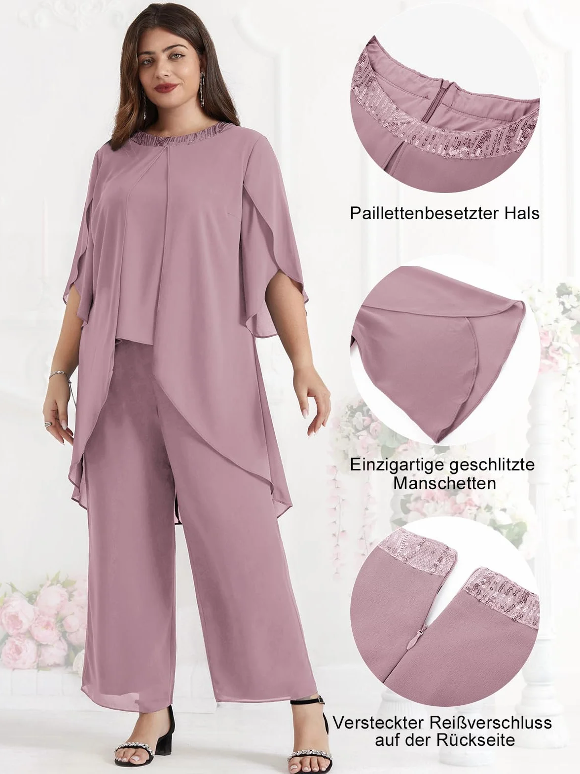 Hanna Nikole Damskie garnitury do spodni plus size stroje dla matki panny młodej, szyfon, 2 sztuki, formalny zestaw dla gości weselnych, strój festiwalowy, eleganckie stroje, cekiny, okrągły dekolt i