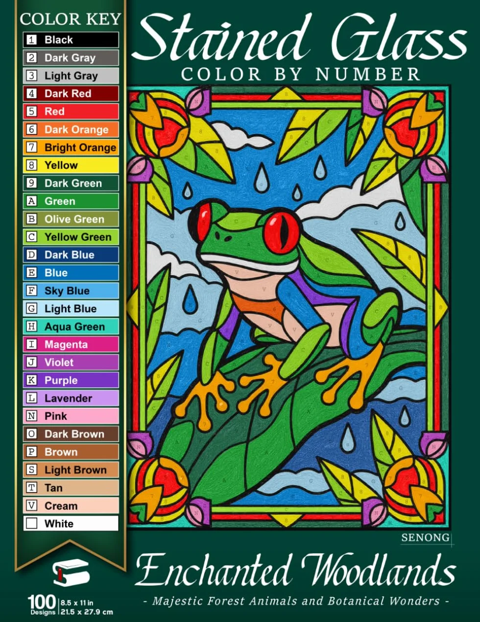Enchanted Woodlands Stained Glass Color by Number: Majestic Forest Animals and Botanical Wonders