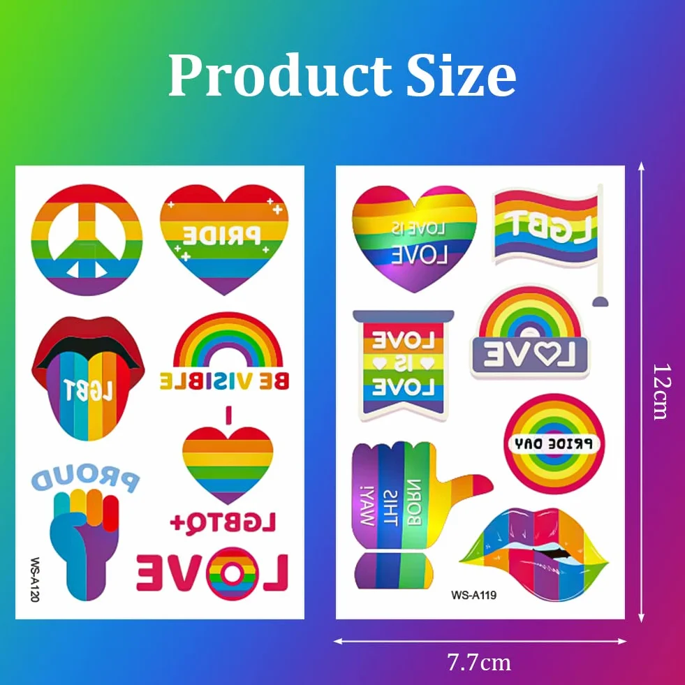AOMIG 70+ stylów tatuaży z dumą, 10 dużych arkuszy tymczasowych tatuaży Gay Pride, wodoodporne naklejki z tatuażami LGBT Rainbow Flag na festiwale Pride dekoracje świąteczne