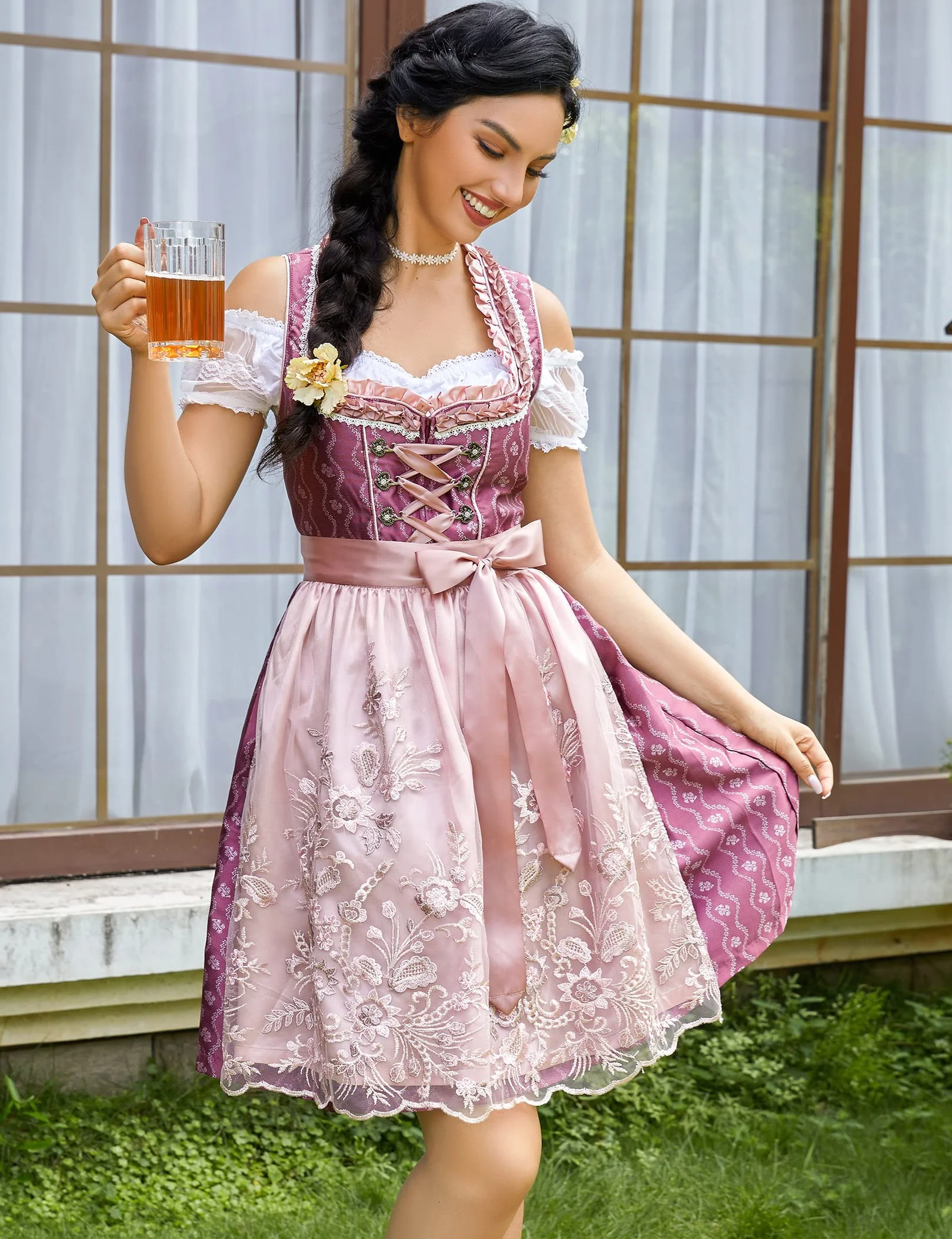 Clearlove damska sukienka midi typu Dirndl, na Oktoberfest, karnawał, trzy elementy: sukienka, bluzka, fartuch (opakowanie wielokrotnego użytku)., Czerwona końcówka, XL