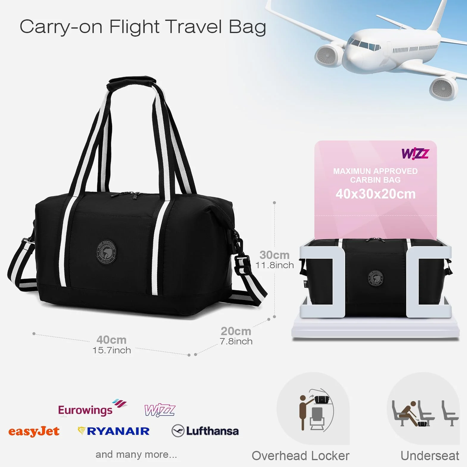 SPAHER Torba Podróżna Bagaż Podręczny 40x30x20 Wizzair Vueling Torba Sportowa Weekendowa Pływacka Wodoodporna Torby Szpitalna Ciążowa Fitness Cabin Duffle Bag dla Kobiet Mężczyźni z Torbą na Buty