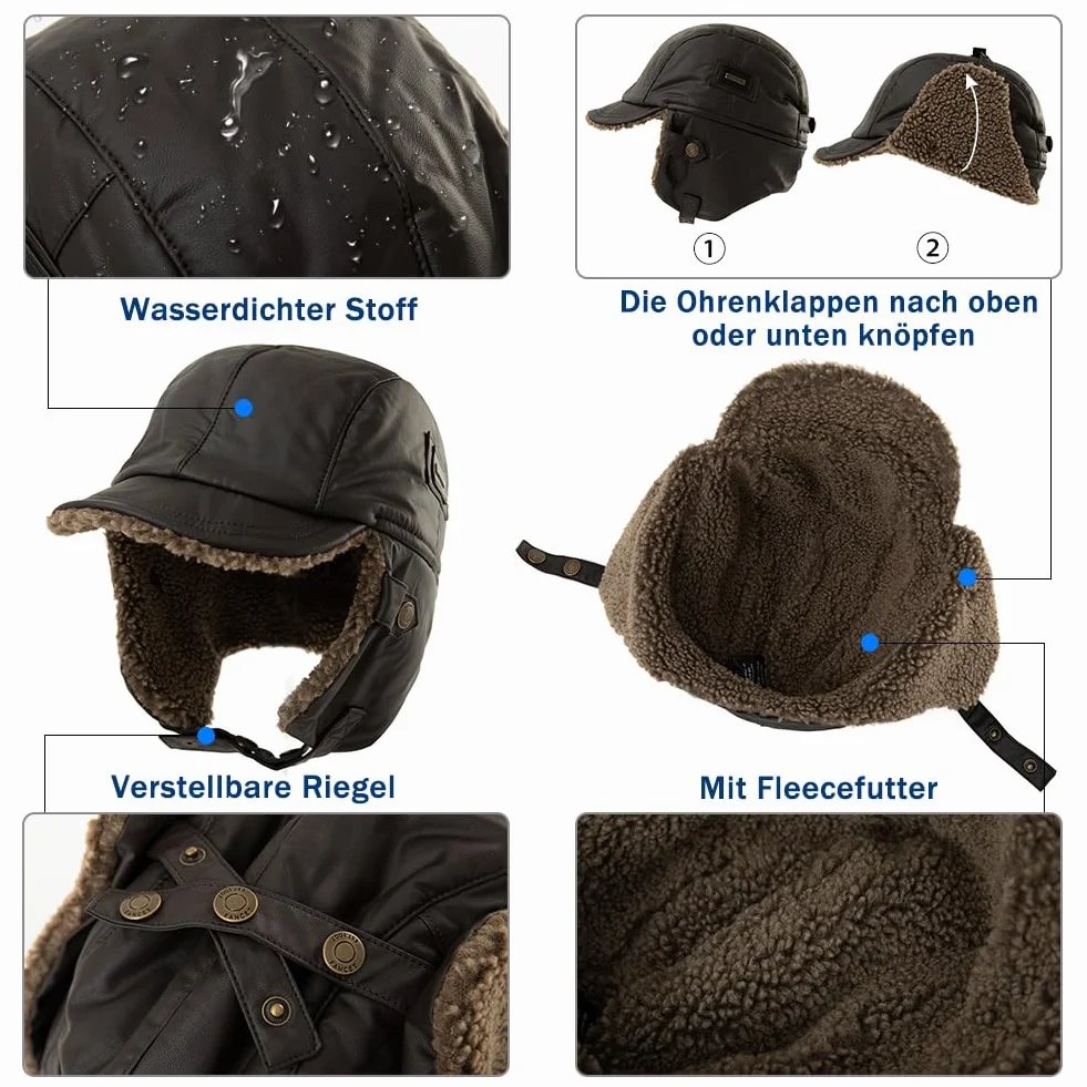 Comhats Ciepła czapka traperska męska ze sztucznej skóry bomberka kapelusz unisex czapka lotnicza czapka futrzana, 99708_Coffee braun, L-XL