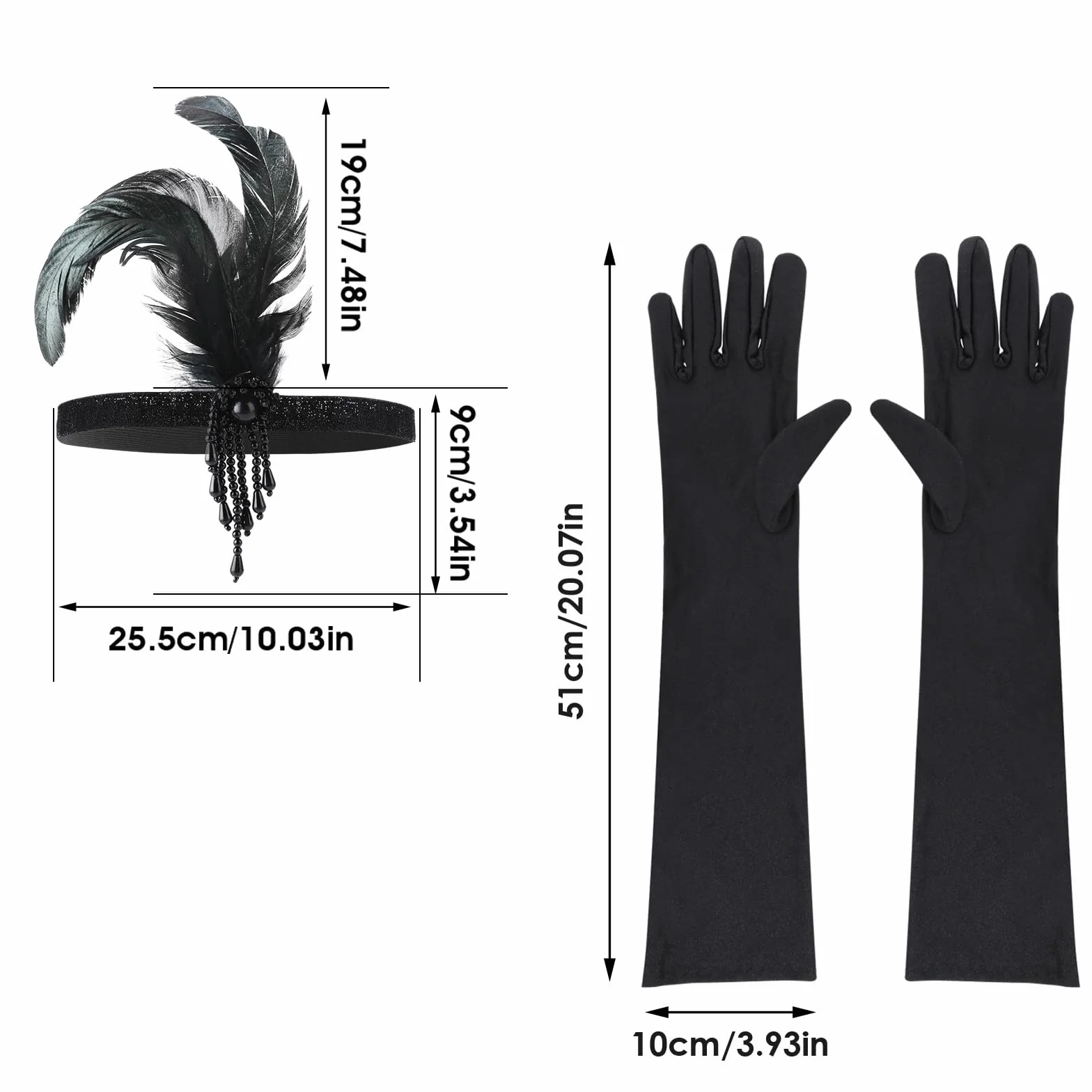 Gjinxi Kobiety lata 20. Flapper Feather opaska na głowę zestaw rękawiczek maskarada motyw Gatsby nakrycie głowy długie rękawiczki na Halloween, przyjęcie herbaciane, karnawał, kostium do włosów