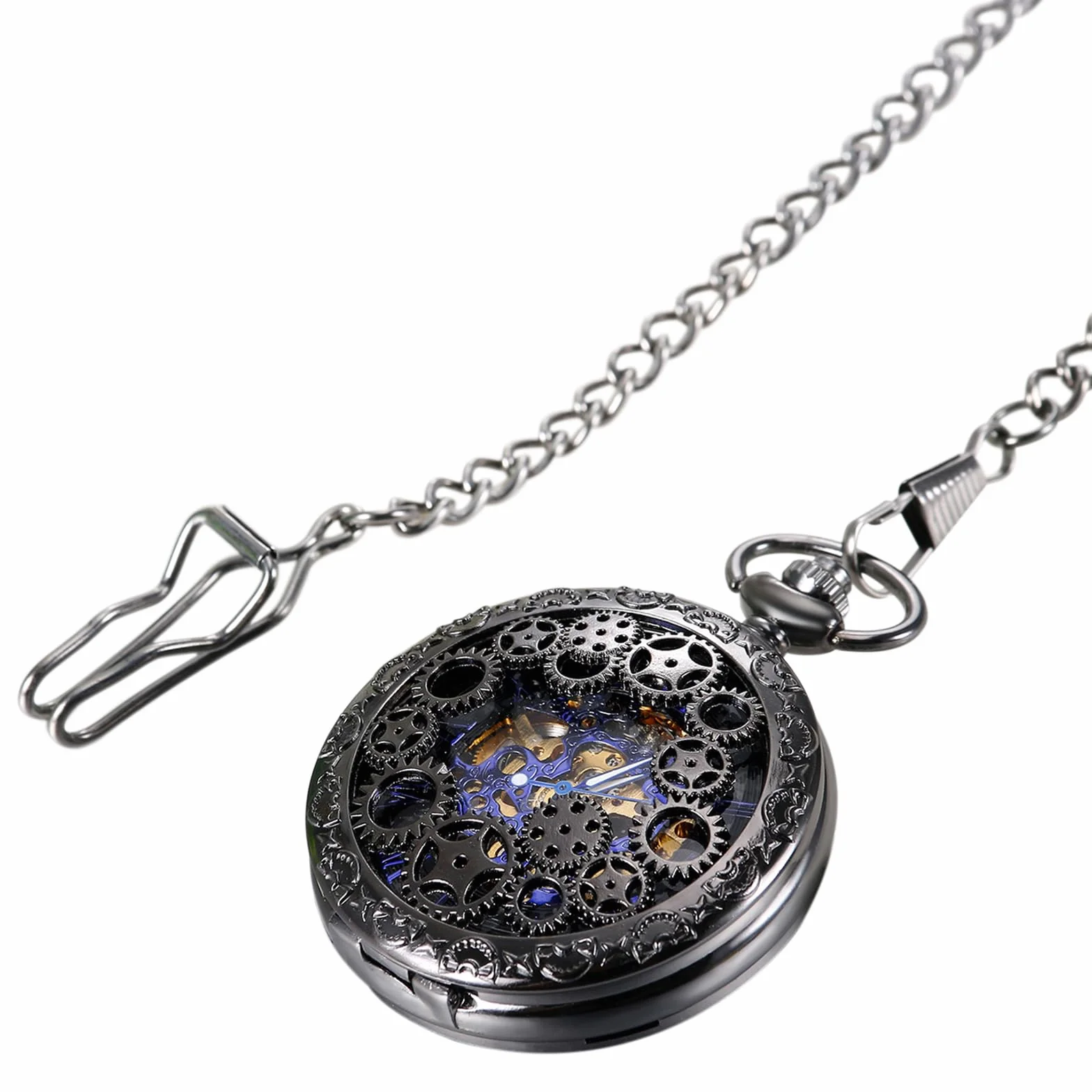 Avaner Posrebrzane starzejące się Steampunk Szkielet Roman Number Half Hunter Case Ręka Mechaniczny Wiatr Zegarek Kieszonkowy Naszyjnik, Model 7, Vintage