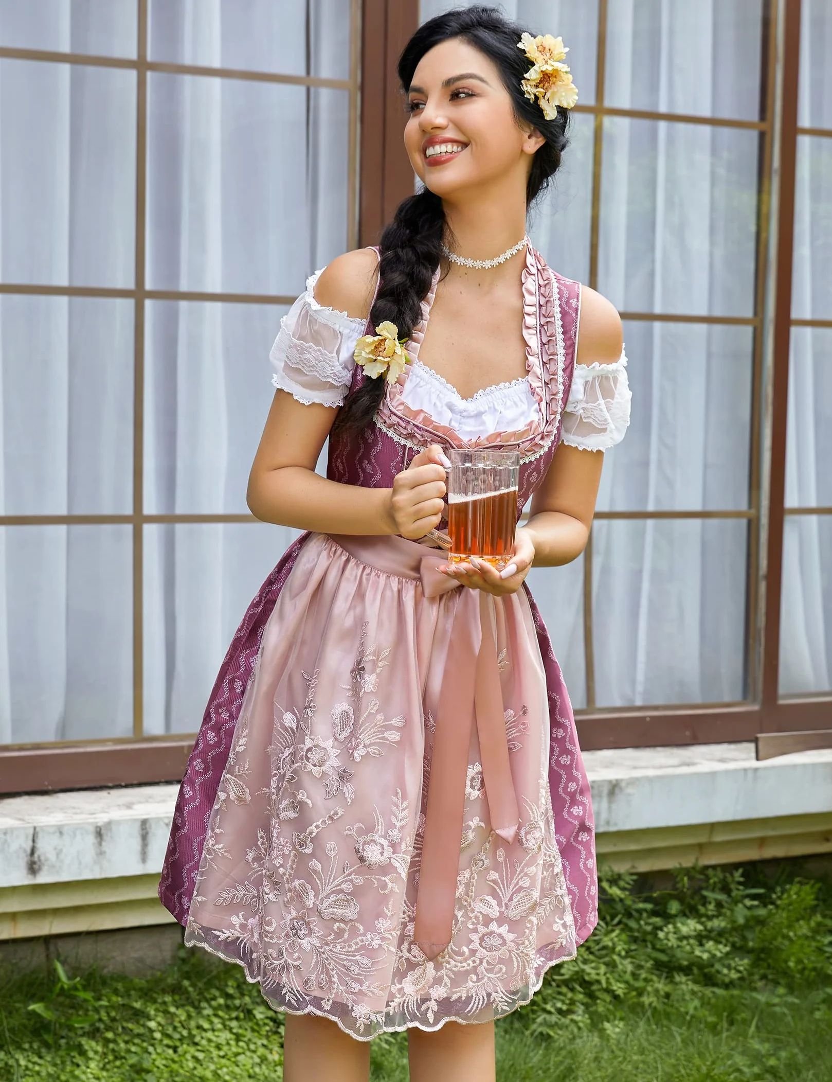 Clearlove damska sukienka midi typu Dirndl, na Oktoberfest, karnawał, trzy elementy: sukienka, bluzka, fartuch (opakowanie wielokrotnego użytku)., Czerwona końcówka, XL