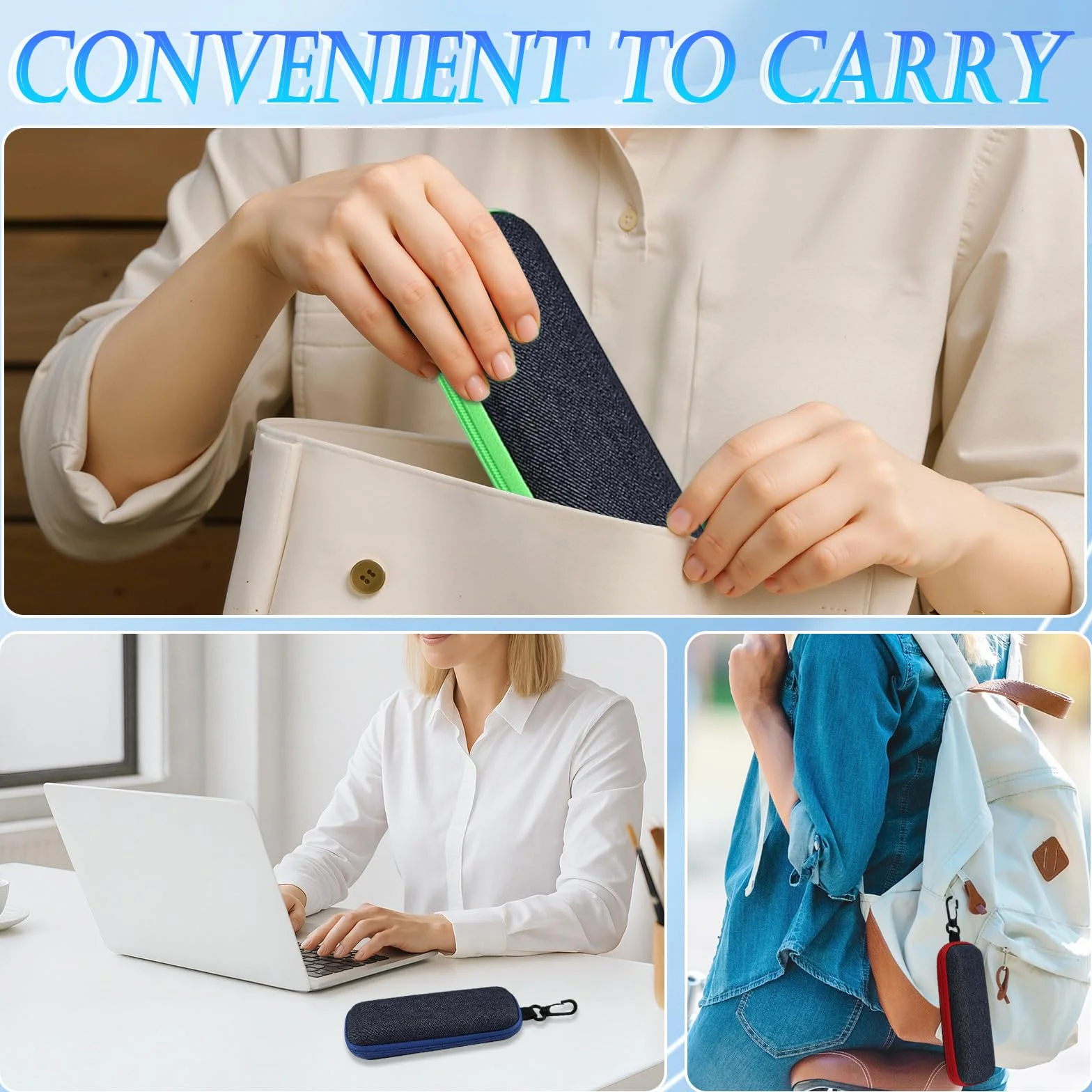 3 sztuki etui na okulary, modne przenośne etui na okulary z zamkiem błyskawicznym i karabińczykiem, w zestawie 6 ściereczek do czyszczenia z mikrofibry, pudełko na okulary, klucze i