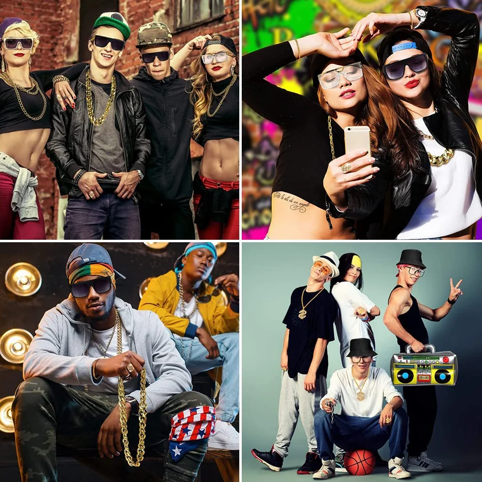 CEWROM Zestaw kostiumowy hip-hopowy, 4 sztuki, strój męski w stylu lat 80-tych XX wieku, akcesoria rapera, znak dolara, złoty łańcuszek, okulary przeciwsłoneczne, złoty pierścionek hipisowski