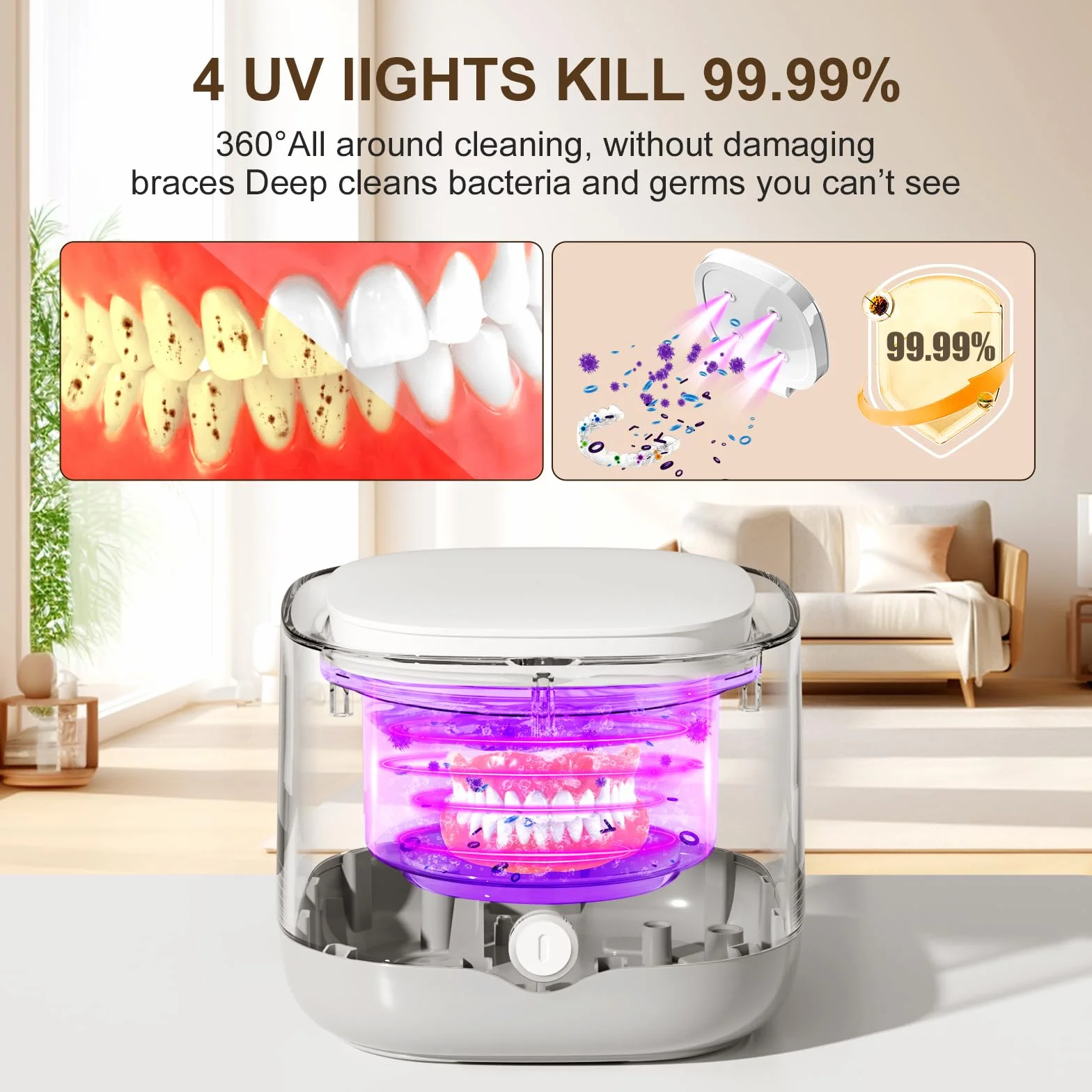 Ultradźwiękowe urządzenie do czyszczenia szyn zębowych UV 45000 Hz 24 W Dental Pod do protez, nakładek, ochraniaczy na zęby, nakładek wybielających, czyszczenie ultradźwiękowe - 5 minut czyszczenia
