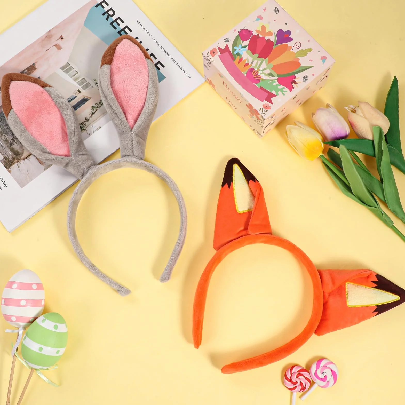 MWOOT Ears królik opaska na głowę, opaska na uszy, królik i lis, 2 sztuki karnawałowy kostium dla pary Cosplay, śliczne pluszowe uszy dla kobiet mężczyzn