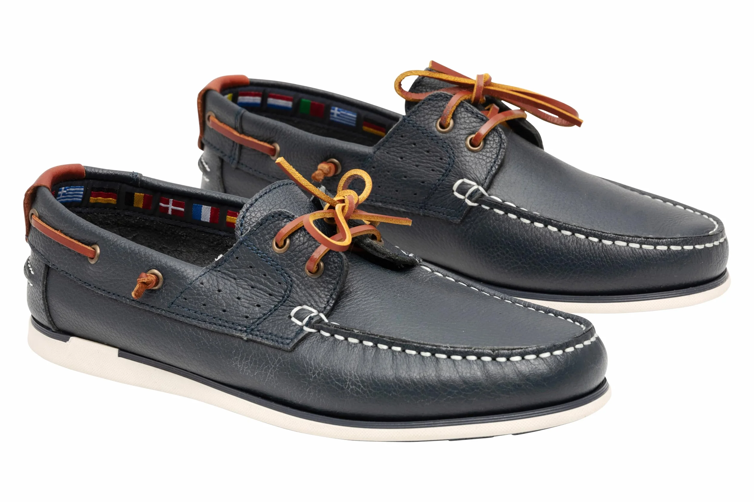 Buty żeglarskie męskie, z prawdziwej skóry, płaskie mokasyny ze skórzanym sznurowaniem, ciemnoniebieskie i brązowe, 2 Eye Boat Shoes