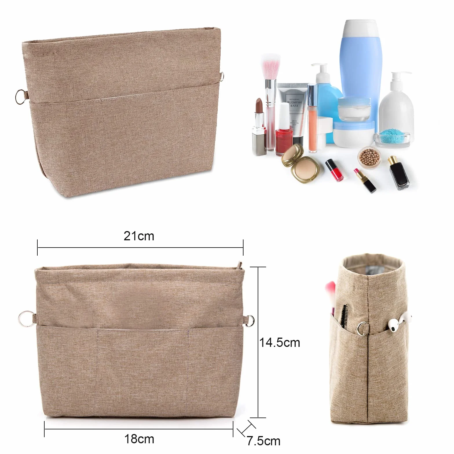 WHC Kieszenie wewnętrzne na torebkę, mały organizer kieszonkowy w torebce, 18 x 7,5 x 14,5 cm, bardzo mała, organizer do torebki, z pękiem kluczy, organizer do torebki