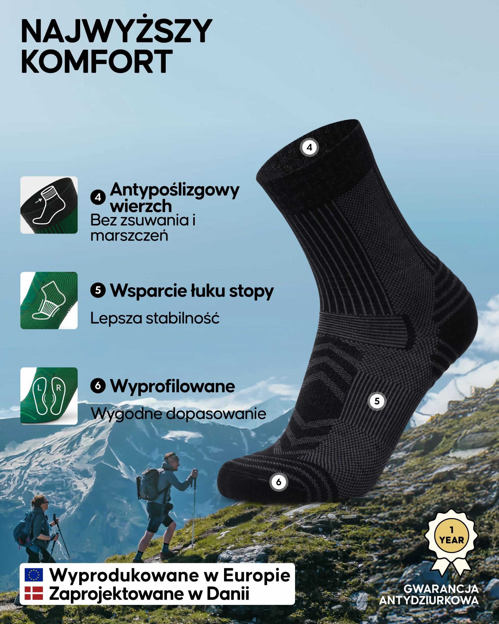 DANISH ENDURANCE Letnie Skarpety Trekkinowe z Wełny Merino, Termoaktywne, Turystyczne, Męskie, Damskie i dla Dzieci 3 lub 5 Pak