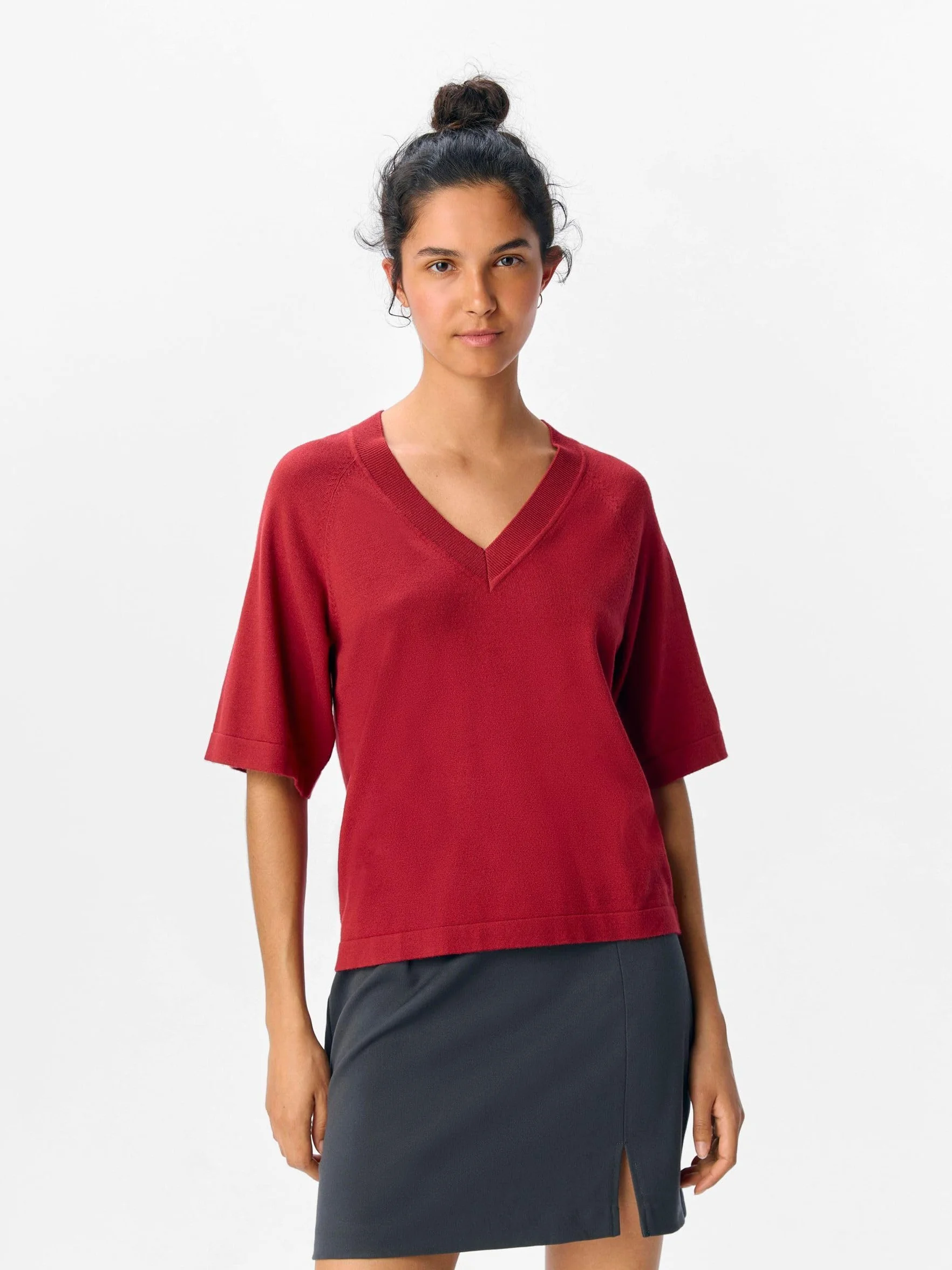 Objthess 2/4 Lo V-Neck Knit Top Noos, Karanda Red, M