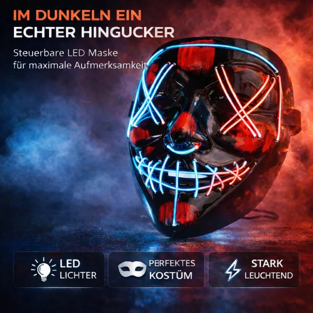 Maska na Halloween Purge LED, maska kostiumowa, sterowana, na karnawał, kostium i przebranie dla mężczyzn i kobiet (wybór koloru)