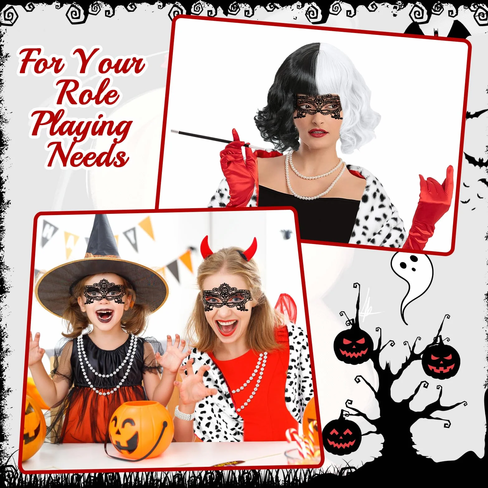 9 sztuk Cruella Zestaw cosplay dla kobiet, czarna i biała peruka, diabelski strój z peruką, maską, perłami, bransoletkami, rękawiczkami, szalikiem, papierosem i siatkowymi rajstopami na karnawał
