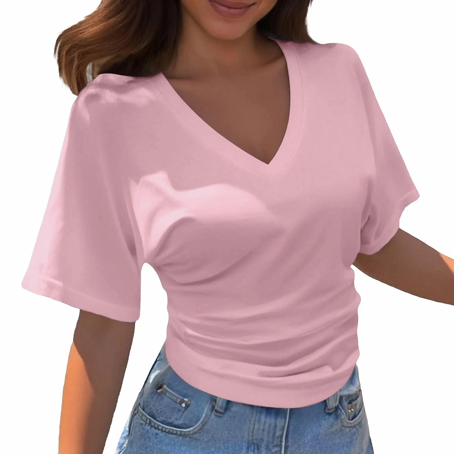 T-shirt damski, na lato, elegancki, dekolt w serek, koszulka basic, z krótkim rękawem, jednokolorowa, oversize, dla kobiet, nastolatków, dziewcząt