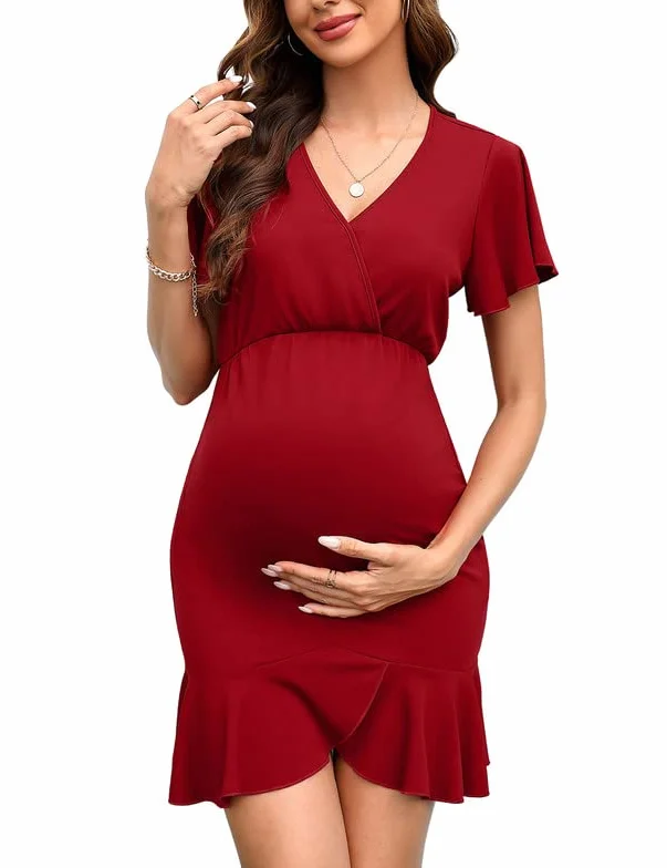 Clearlove Elegancka damska sukienka ciążowa z krótkim rękawem z dekoltem w serek i falbankami
