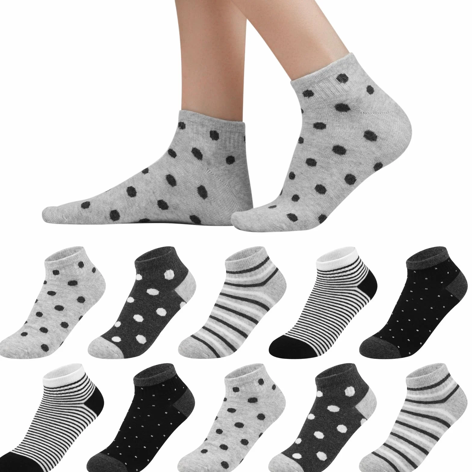 Damskie skarpeta do sneakersów 35-38 39-42, 10 par bawełnianych krótkich skarpet dziewczęcych, wielokolorowe skarpety z kropkami w paski, czarny zestaw