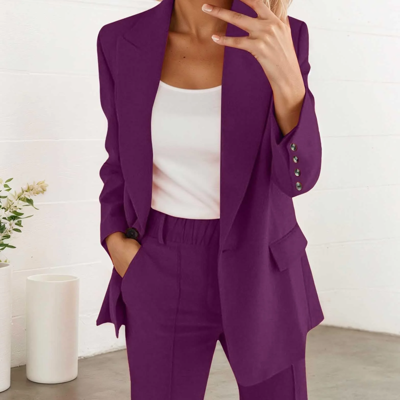 Generisch Eleganckie kombinezony damskie do garnituru, jednokolorowe, streetwear, dwuczęściowy, biznesowe, nowoczesne spodnie do garnituru, krój slim fit, sportowy strój biurowy, elegancki, 2